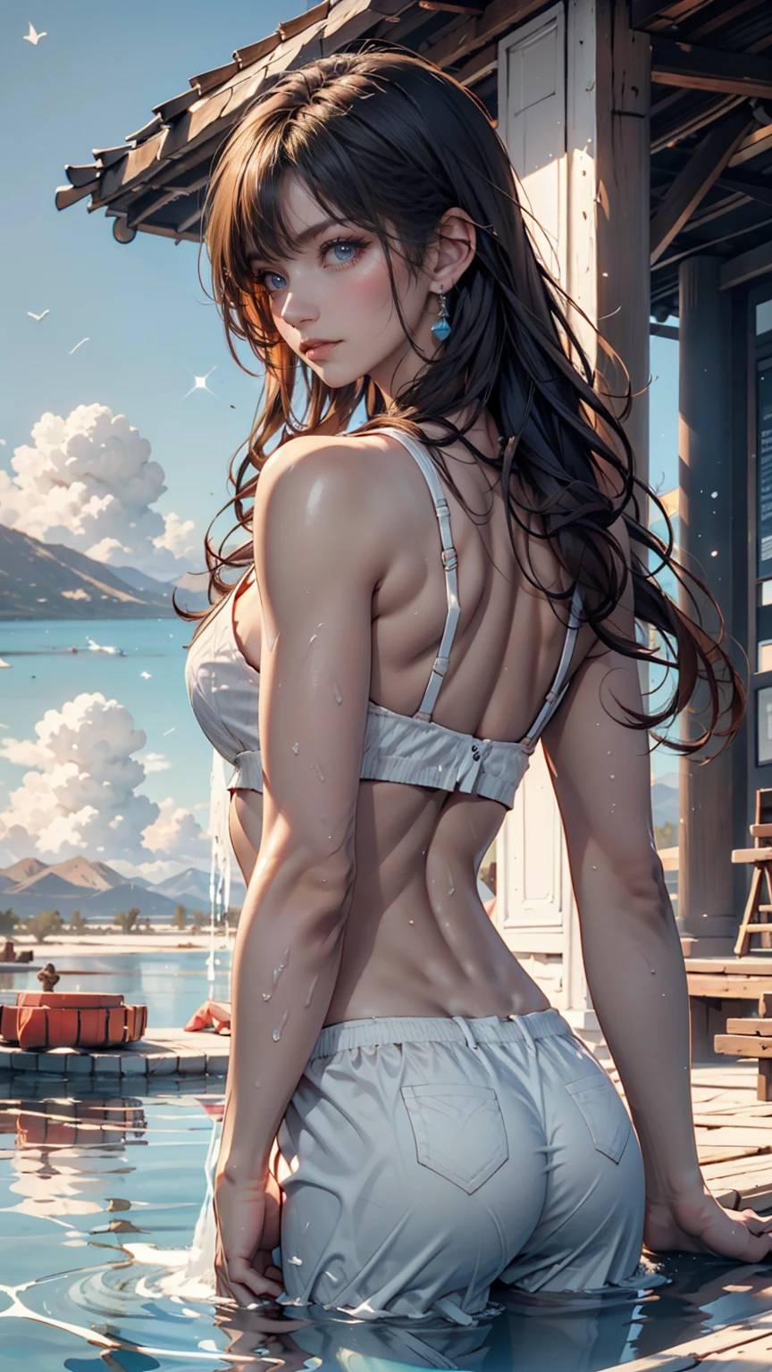 (Raw photo:1.2), (Photorealistic), Hasselblad H6D-100c photo, Beautiful detailed girl, Very detailed eyes and face, Beautiful detailed eyes, Huge file size, High resolution, Very detailed, Best Quality, [masutepiece:1.6], Illustration, Very detailed, nffsw, Fine detail, Best Quality, 32K Wallpaper, Movie Lighting, nature scenery in a fantasy world, magical place outside filed with mystical flowers, Beautiful woman, 20 years old, Perfect body shape, [Big, heavy breast, D Cup: 1.9], Beautiful big eyes, lips apart, gentle smile (sexy panties and bra, Dynamic Pose, erotic body, cowboy shoot, back view