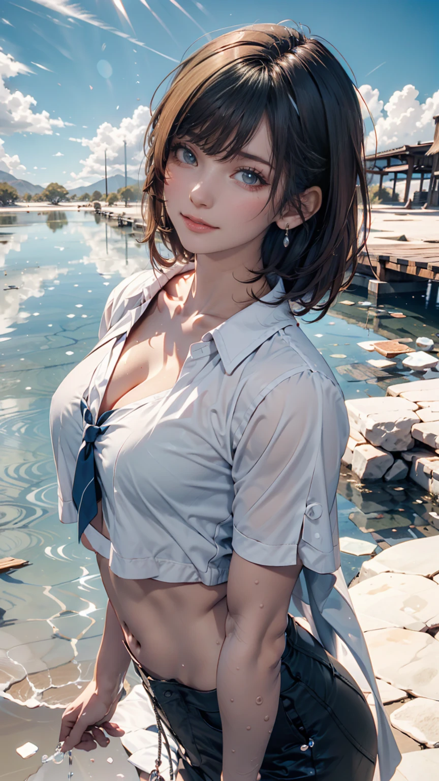 1 woman, 20 years old, alone, sensual pose,open legs, sitting, leaning against the wall, sensual smile, (background: in rapture, bioshock), short hair, straight hair, bangs, perfect belly, very big, (((masterpiece) , (highly detailed CG Unity 8k wallpaper), highest quality, cinematic lighting, detailed background (very stylish and beautiful), (beautiful and delicate rendering of eyes), highly detailed, masterpiece), high resolution, super detailed wet clothing, (wearing: white officer's shirt, marine medals, white panties, official cap)