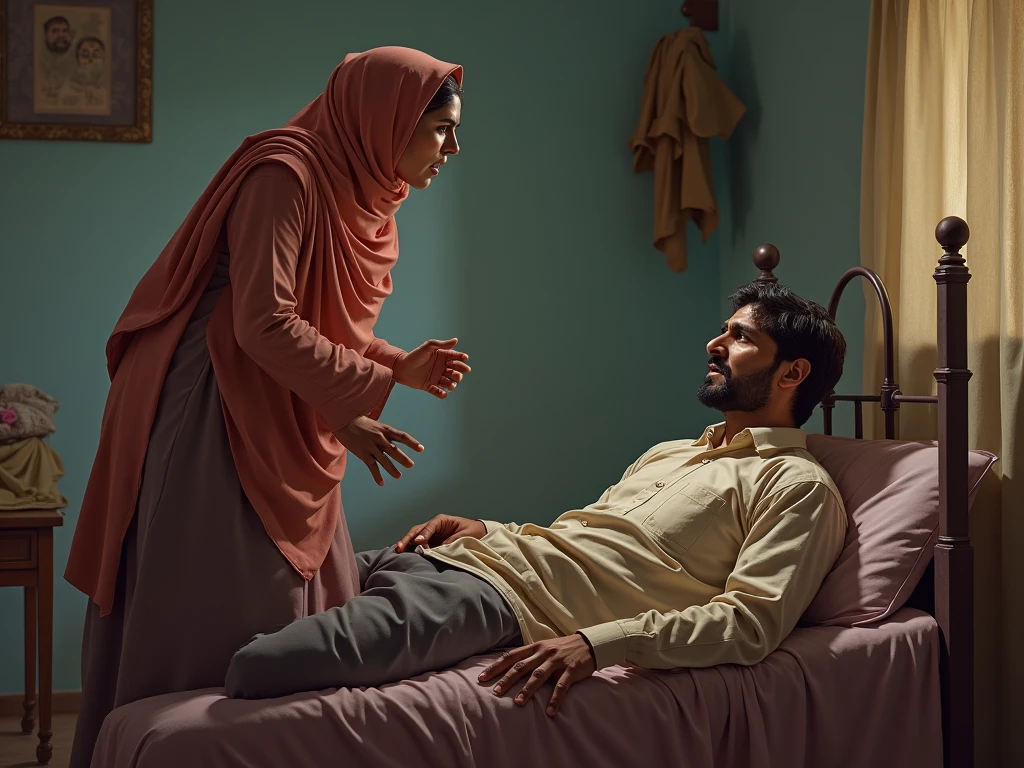 Create an image of Ms. A, a young Muslim woman, in her late 20s, with a modest outfit and a hijab. She is in the bedroom, massaging Adul, her husband, who appears to be unwell. Adul is lying on the bed, covered with a blanket, and Ms. A is sitting beside him, gently massaging his shoulders with a concerned and caring expression. The bedroom is cozy with soft lighting, a neatly made bed, and a bedside table with a lamp and some medicine bottles. The scene conveys a sense of care and tenderness.