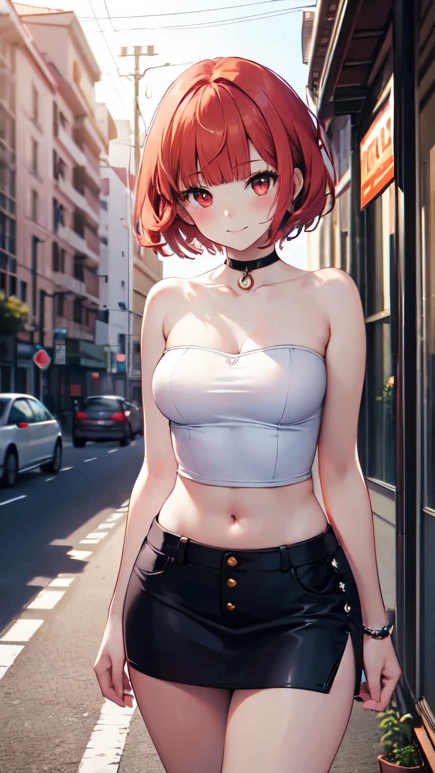 anime girl 26 years old white swimsuit navy blue denim pants urban landscape red hair brown eyes with cat on the shoulder and umbrella