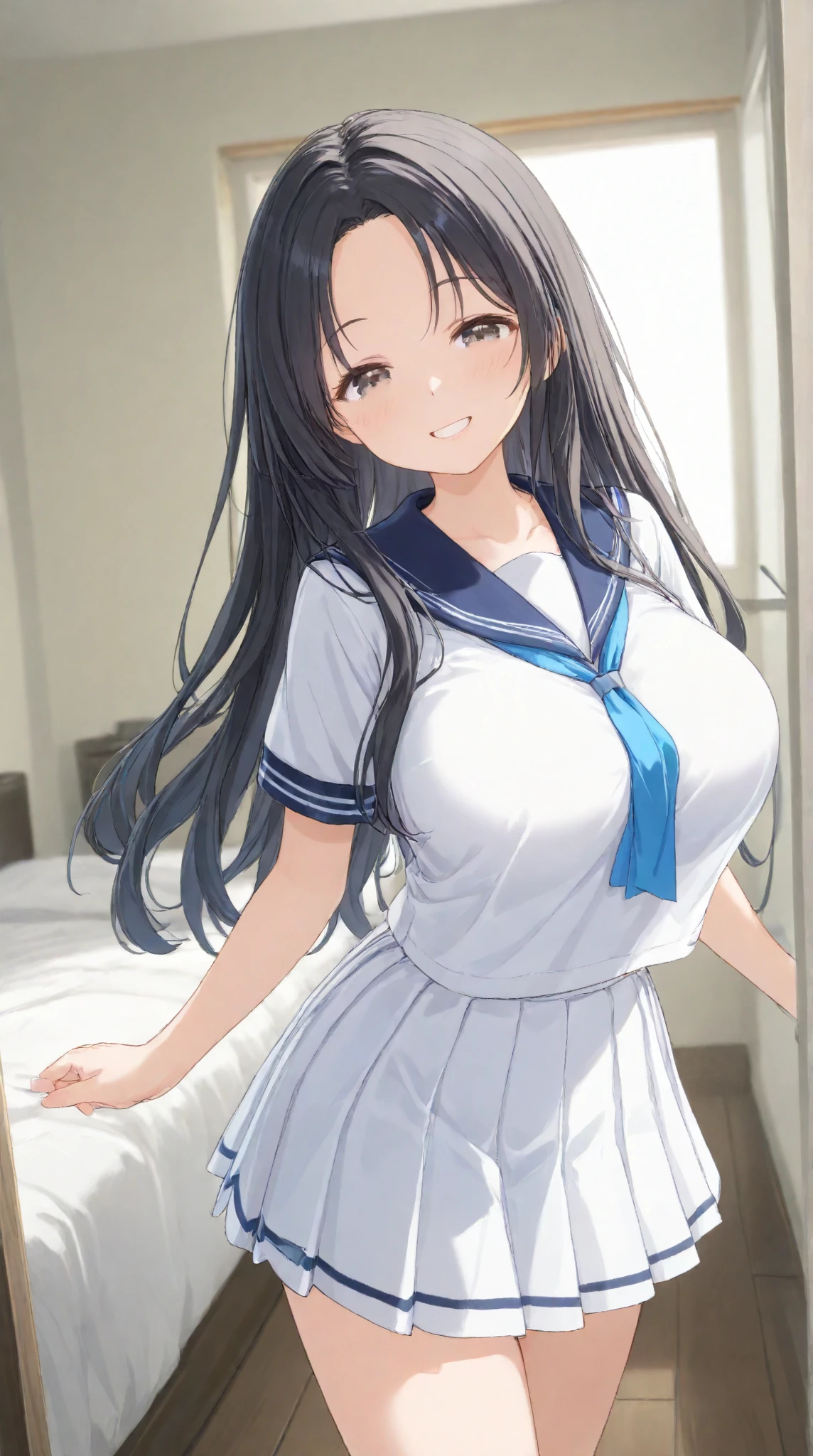 (best quality、8K、32k、masterpiece、north african trade zone、ultra high resolution、Impressionism、photorealism:1.2)、big breasts、cowboy shooting, Detailed face and eyes、 inside the classroom、School、Sunset、pretty face、blurred background、 beautiful girl、shiny skin、Hair half raised、beautiful brown hair、dull bangs、brown eyes、(close one eye)、Sailor suit、pleated mini skirt、curve、(lift up skirt、i can see your pants:1.2)、thigh thigh thigh、(Navel exposed:0.4)、dynamic poses