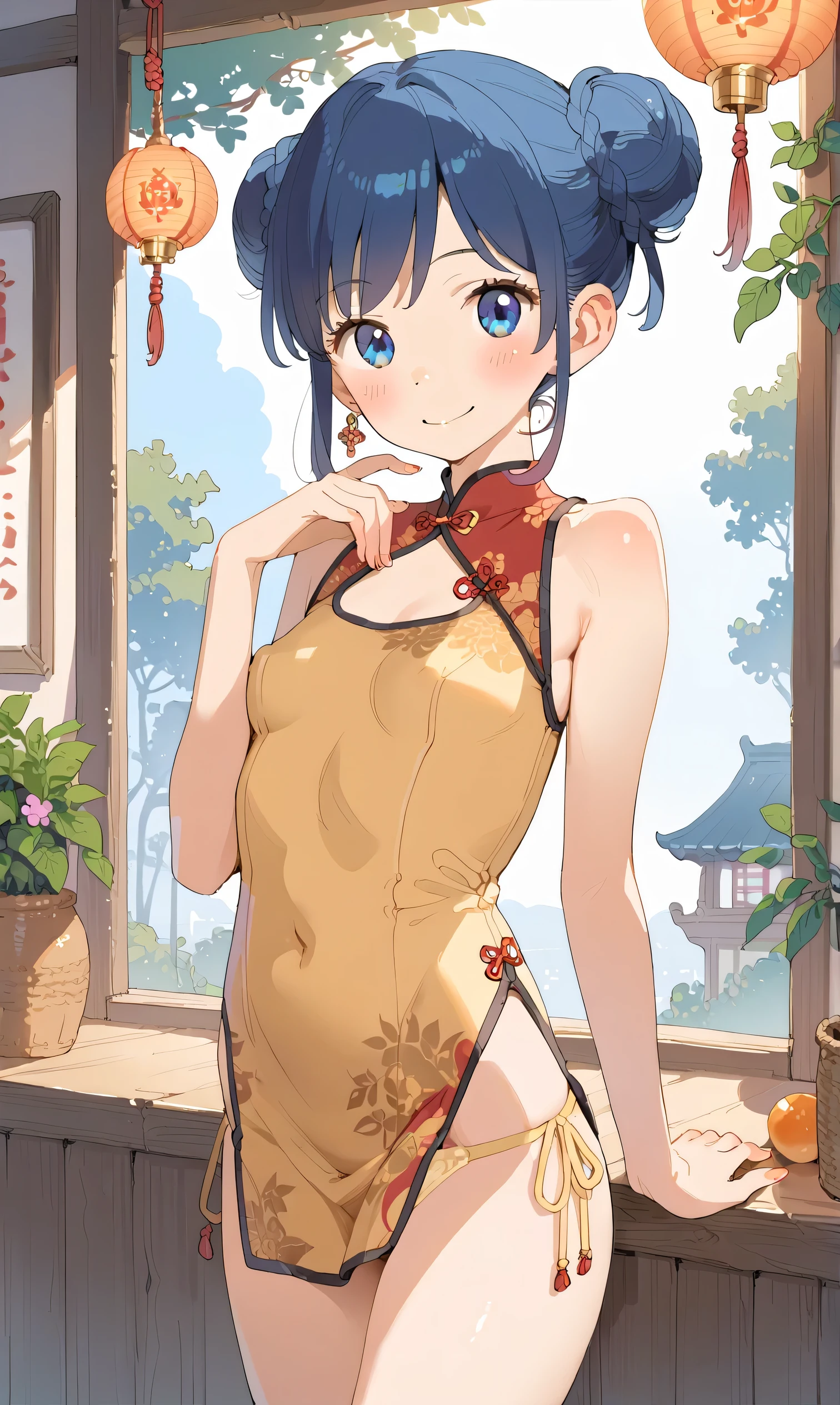 Score_9, Score_8_up, Score_7_up, Score_6_up, Score_5_up, Score_4_up, Please write what you want, Tag 1, Tag 2, , , 1 girl, blue hair, solo, cheongsam, panties, dress, blue eyes, underwear, cheongsam, smile, Aoi Kiriya, side-tie panties, yellow panties, breasts, double bun, small breasts, looking at the viewer