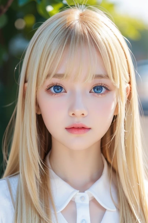 A perfectly beautiful face、Super long messy silky beautiful blonde、Beautiful cute girl 、Sexy and very beautiful cute face、Beautiful cute sexy bright pale sky blue big eyes、Long beautiful bangs、Very super long beautiful blonde shiny silky hair、Very white skin、Cheek gloss、Glossy skin、eyeliner、A peerless beauty、Hair above the eyes、片Hair above the eyes、Hair between the eyes、