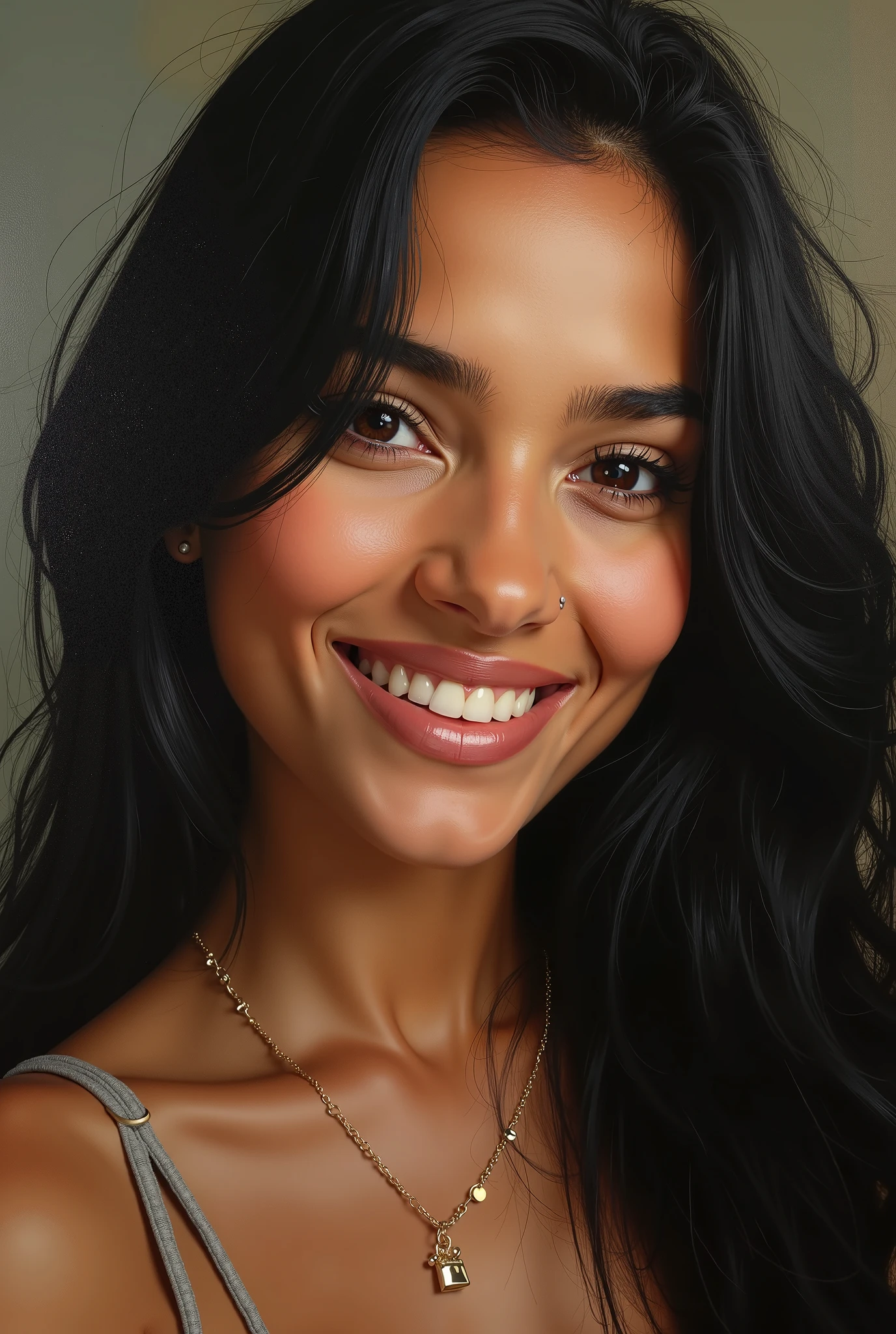 an 1 Indian girl with a sweet smile, bushy eyebrows, completely naked, breasts showing, with big nipples, skin tanned, camera in hand, sex