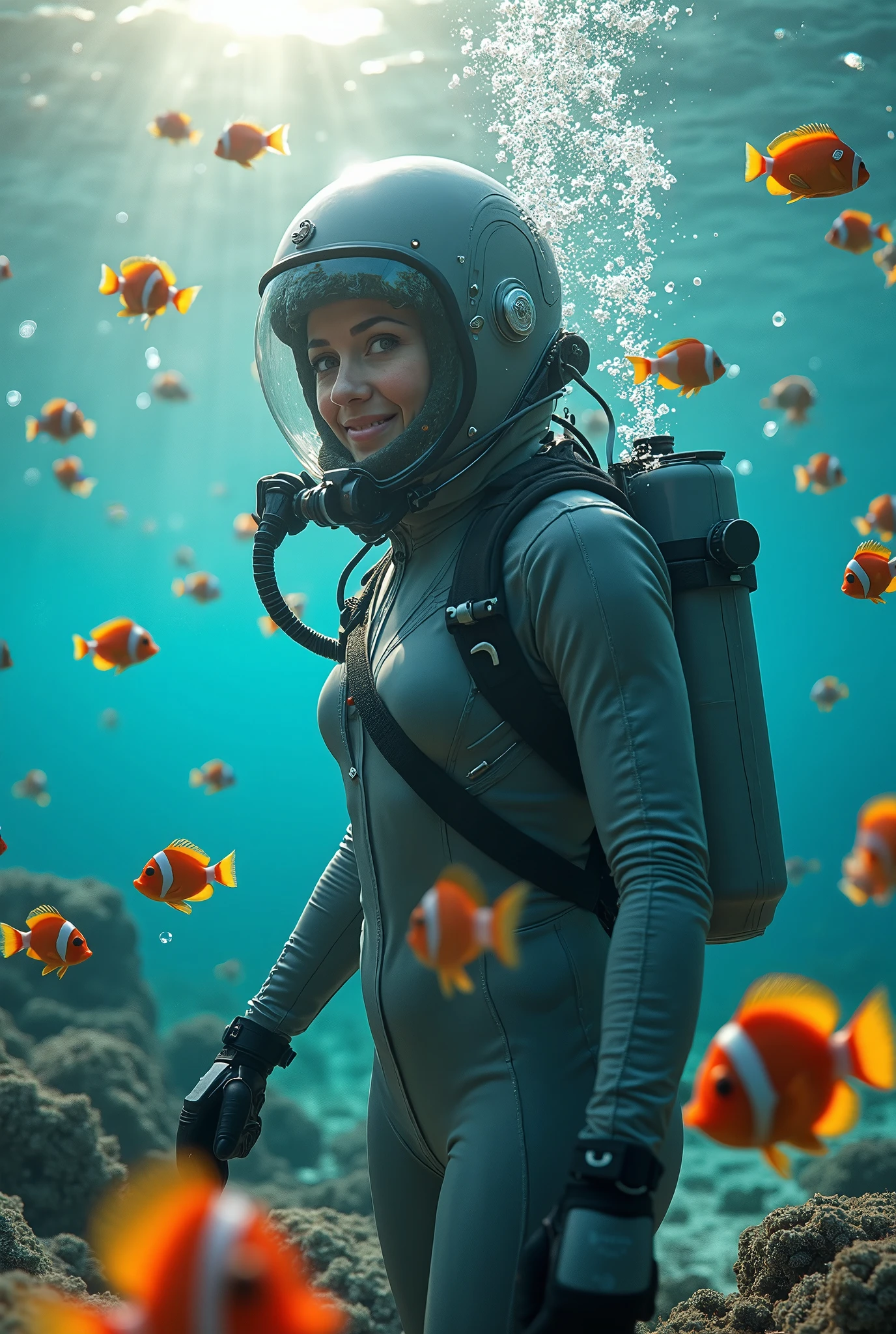 There is a woman in a diving suit and helmet standing in the water ...