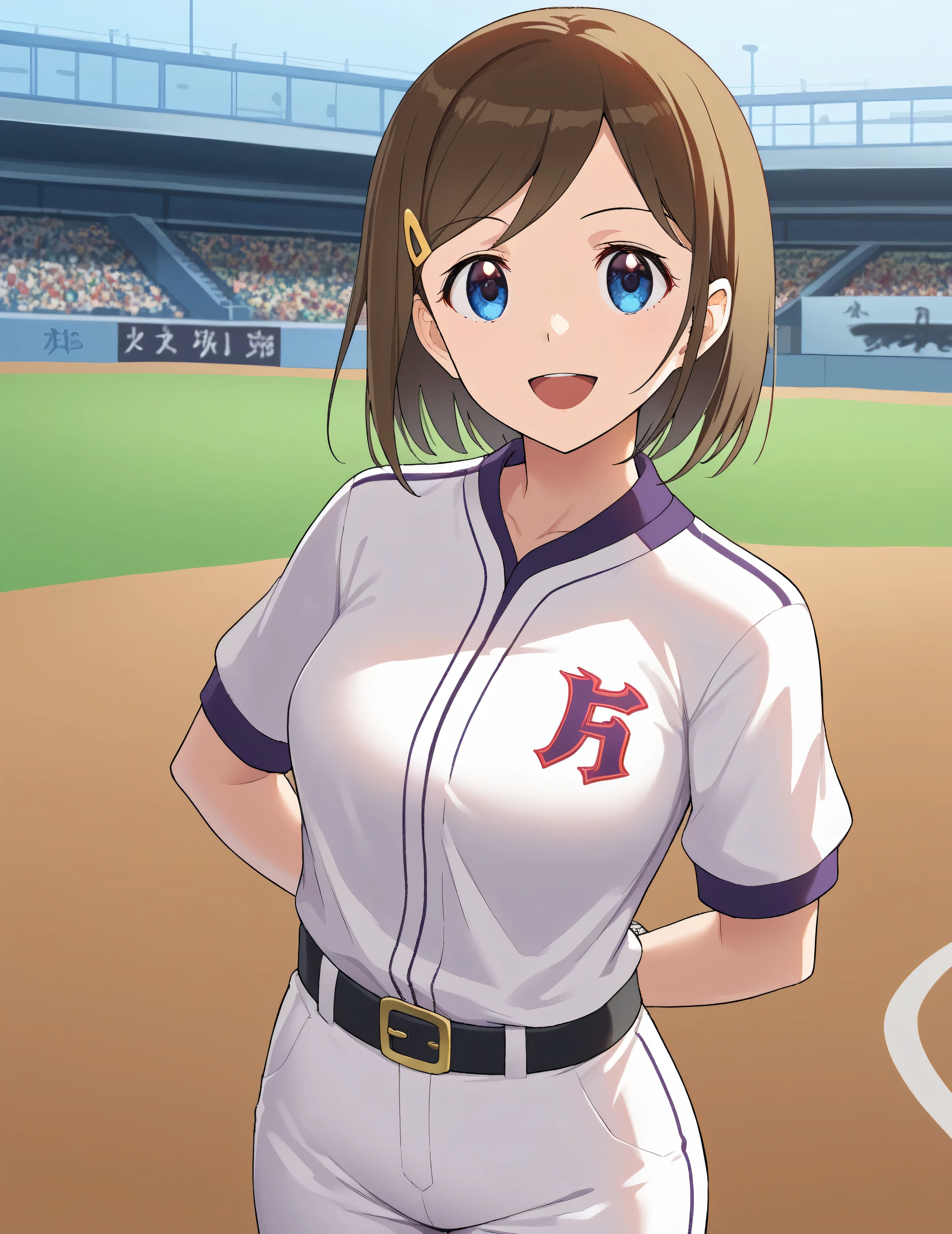  score_9,  score_8_ up,  score_7_ up,  score_6_ up,  score_5_ up,  score_4_ up,  source_Anime,( top quality:1.1), ultra detailed, Hi-Res,Highly detailed skin, beautiful detailed eyes,8k, sharp concentration, beautiful, beautiful eyes,  anatomically correct ,  anatomically correct  face, extremely detailed eyes , smooth edge , beautiful face, symmetrical eyes, left and right name color, aa Izumi ,  brown hair,   short hair, stupid hair,  hair ornament,  hair clip,  blue eyes, , ( beautiful, 小さな:1.2),  baseball uniform,  sportswear, belt,   white pants, smile,  open your mouth,  is standing, cowboy shot,  outdoor,  watch viewers,  arms on both sides,