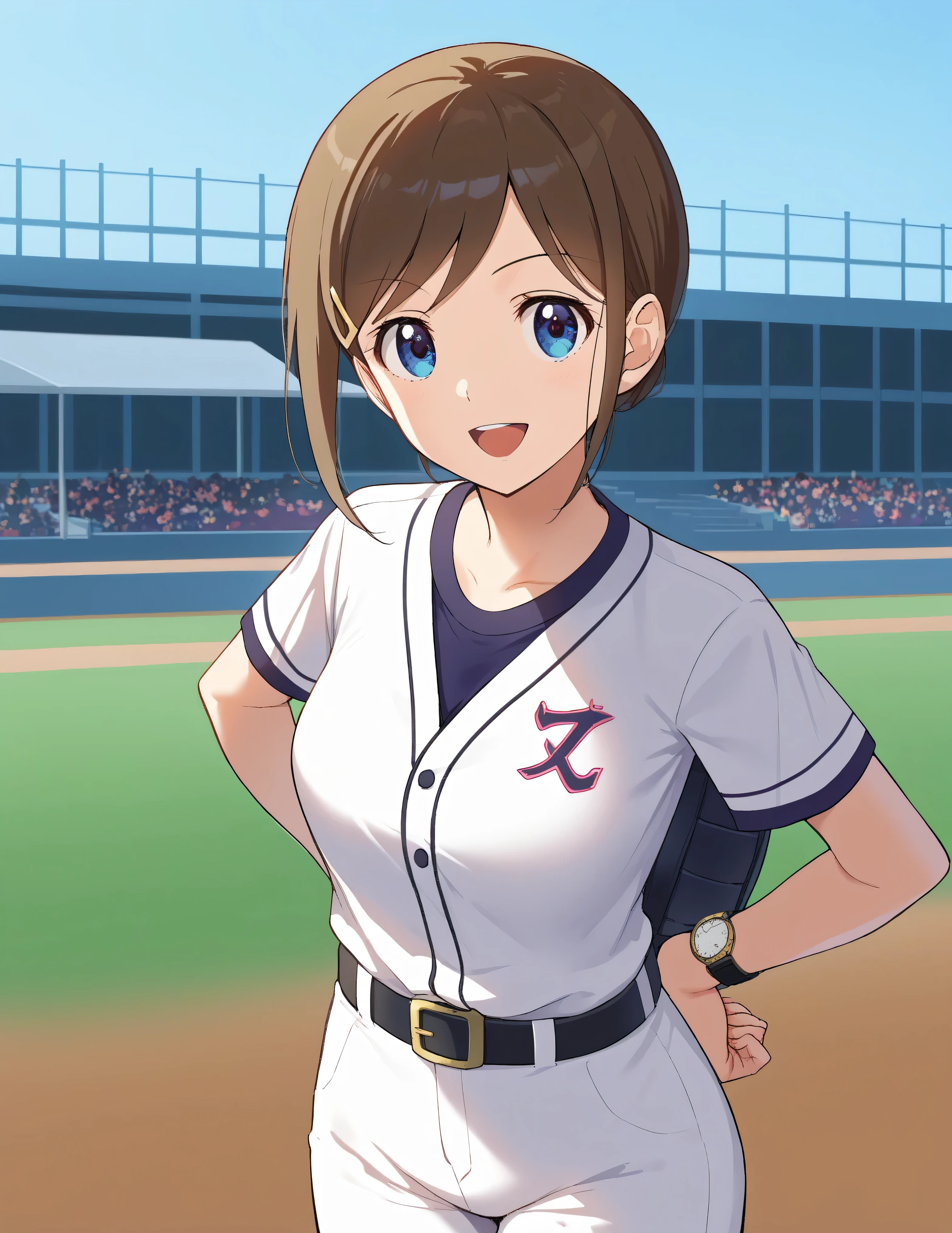  score_9,  score_8_ up,  score_7_ up,  score_6_ up,  score_5_ up,  score_4_ up,  source_Anime,( top quality:1.1), ultra detailed, Hi-Res,Highly detailed skin, beautiful detailed eyes,8k, sharp concentration, beautiful, beautiful eyes,  anatomically correct ,  anatomically correct  face, extremely detailed eyes , smooth edge , beautiful face, symmetrical eyes, left and right name color, aa Izumi ,  brown hair,   short hair, stupid hair,  hair ornament,  hair clip,  blue eyes, , ( beautiful, 小さな:1.2),  baseball uniform,  sportswear, belt,   white pants, smile,  open your mouth,  is standing, cowboy shot,  outdoor,  watch viewers,  arms on both sides,