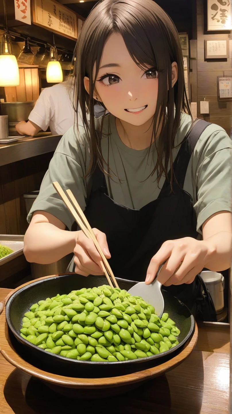 tmasterpiece, Best quality at best, POV, 1girll, length hair, head gear, Green hair, Twin-tailed, aprons, ssmile, desks, food, eats, dining room