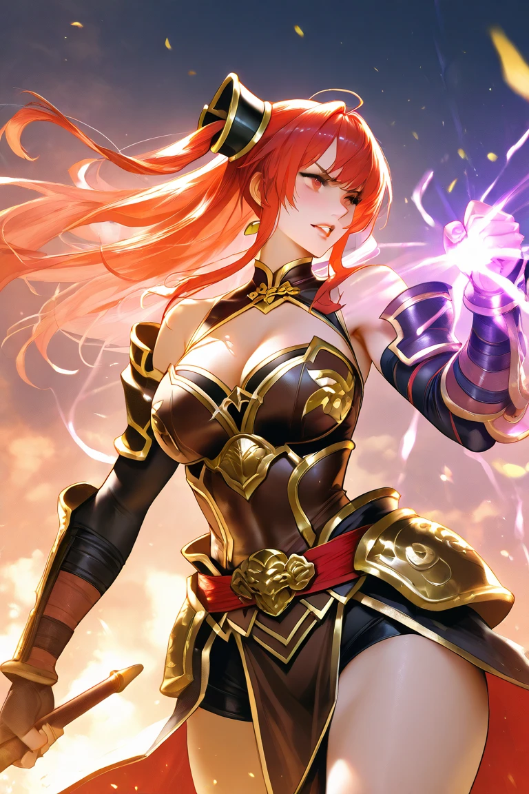 (Game King Card:1.5, rotational symmetry),Stephen Gammell,(cowboy shot), 1 mature girl, big boobs, unique pose, orange hair (Very detailed, reasonable design, Clear lines, High sharpness,best quality, masterpiece, 4K, minimalist compositions, colorful, conceptual digital art, anime