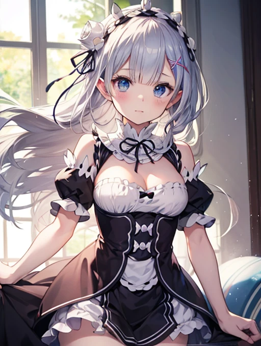 masterpiece, {{{{Highest quality}}}}, beautiful,1 girl, White_hair, cat ears(White), cat tail(White), frilled choker、miniskirt_dress, bare_shoulders, garter belt,garter straps