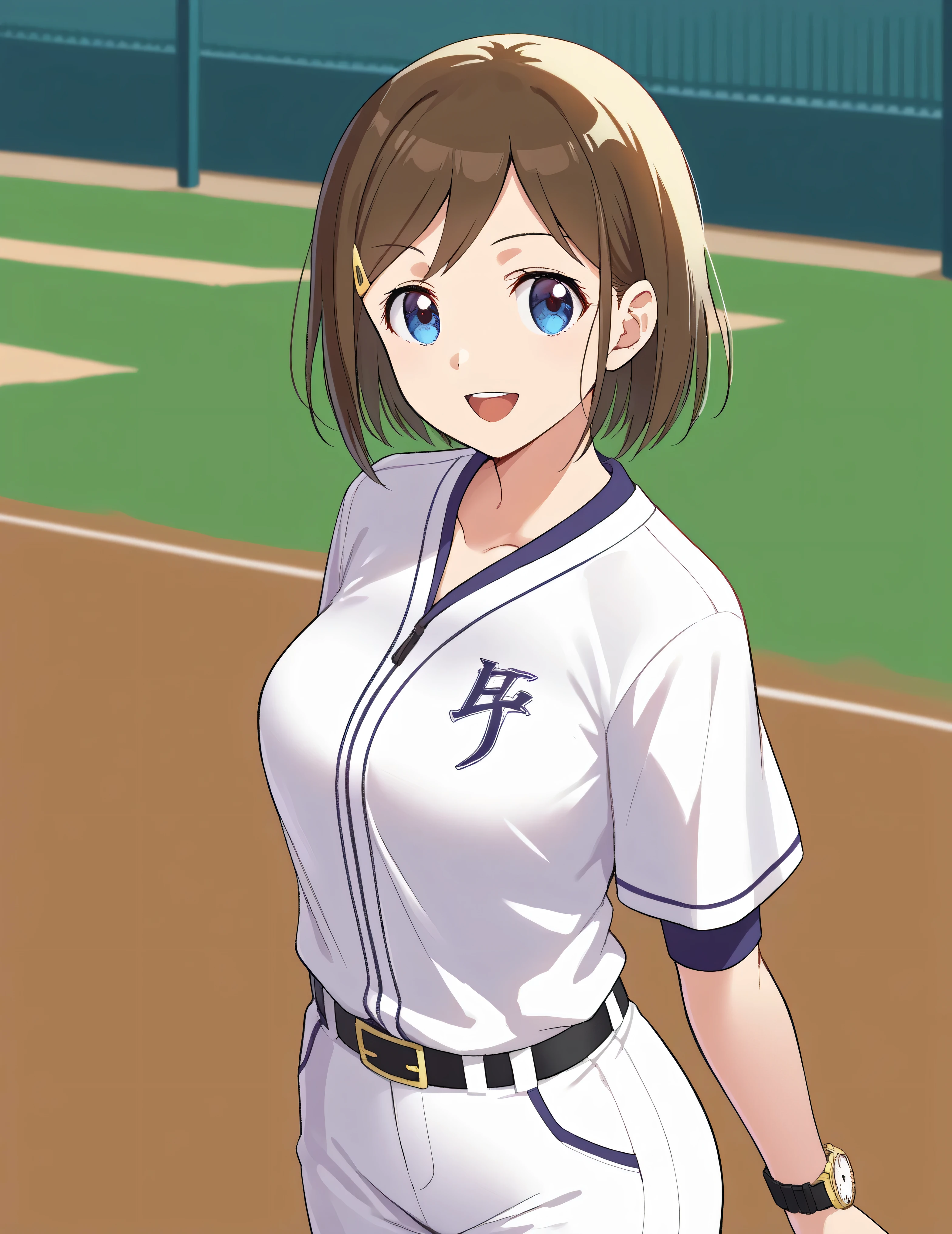  score_9,  score_8_ up,  score_7_ up,  score_6_ up,  score_5_ up,  score_4_ up,  source_Anime,( top quality:1.1), ultra detailed, Hi-Res,Highly detailed skin, beautiful detailed eyes,8k, sharp concentration, beautiful, beautiful eyes,  anatomically correct ,  anatomically correct  face, extremely detailed eyes , smooth edge , beautiful face, symmetrical eyes, left and right name color, aa Izumi ,  brown hair,   short hair, stupid hair,  hair ornament,  hair clip,  blue eyes, , ( beautiful, 小さな:1.2),  baseball uniform,  sportswear, belt,   white pants, smile,  open your mouth,  is standing, cowboy shot,  outdoor,  watch viewers,  arms on both sides,