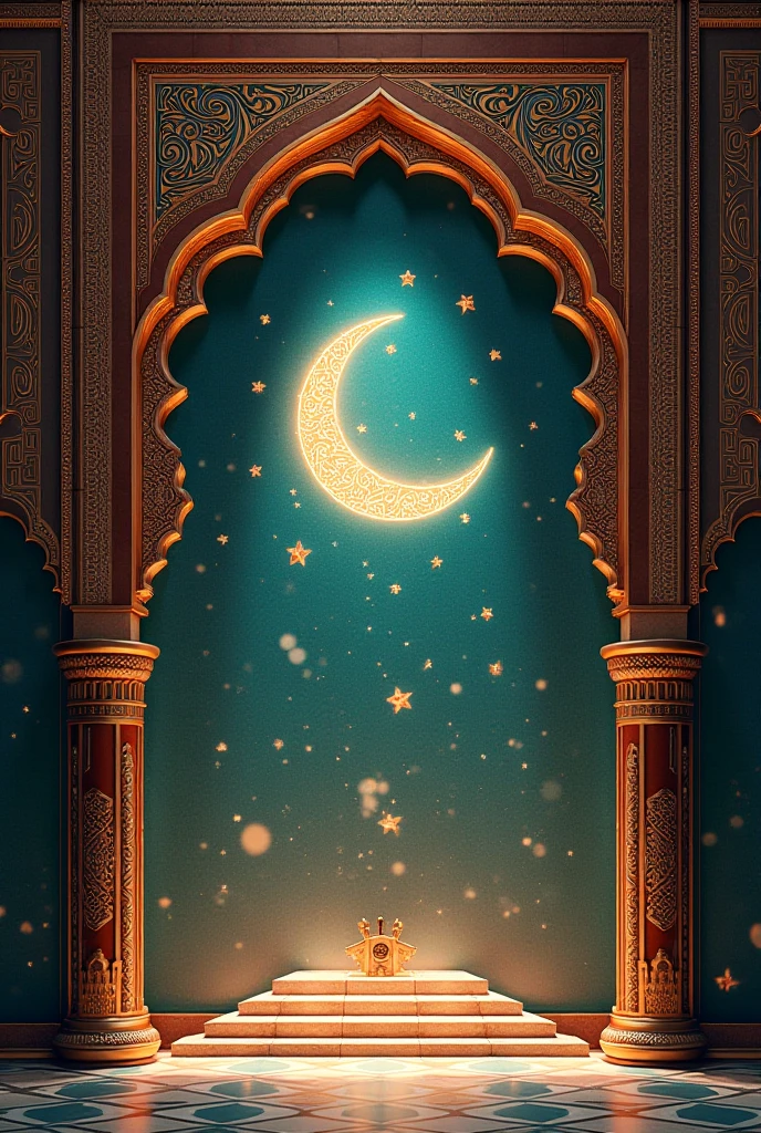 Ramadan crescent moon in golden color with beautiful golden lanterns, golden balloon and sky blue background with scattered clouds