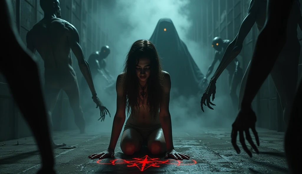 , Photo portrait ,((nude)), (((18 years old  girl)))   beautiful ((frightened :1.7 )) ((panic:1.7)) (scream:1.4) jessica alba , ((skinny body:1.2)),(( vagina)),ghosts, (((ghost hands grabbed the girl)))  ,(big fire):1.4, burning old room