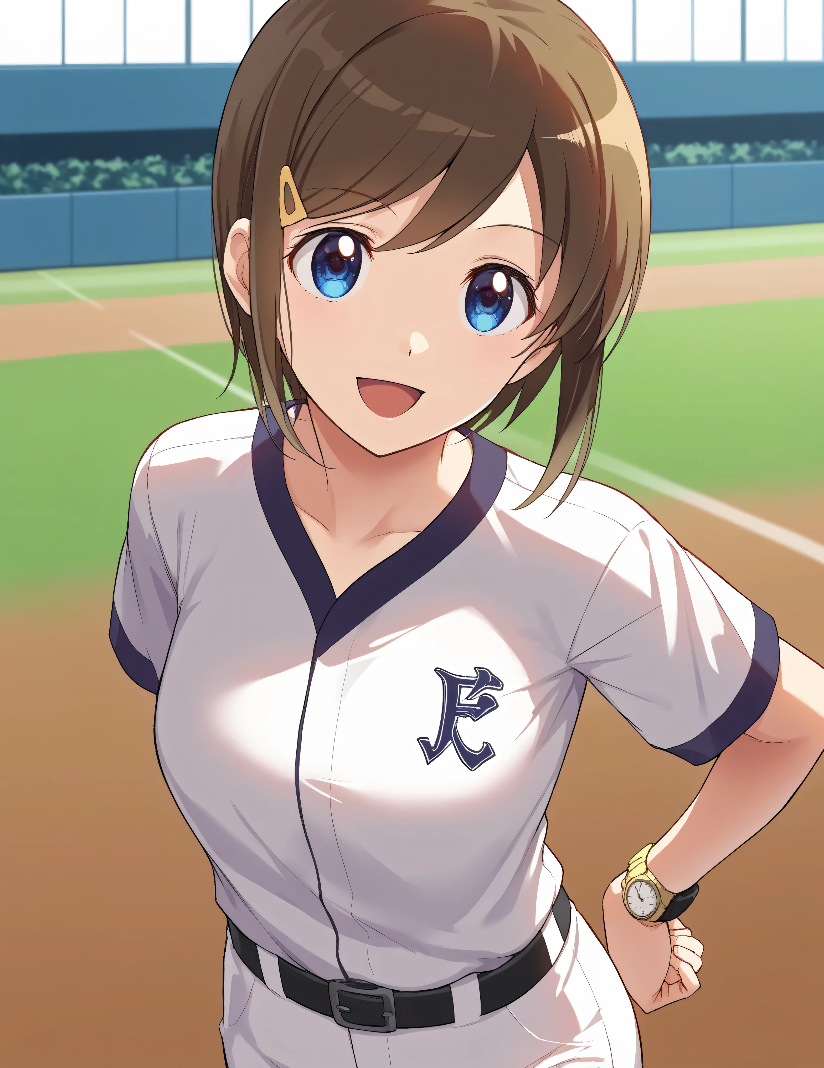  score_9,  score_8_ up,  score_7_ up,  score_6_ up,  score_5_ up,  score_4_ up,  source_Anime,( top quality:1.1), ultra detailed, Hi-Res,Highly detailed skin, beautiful detailed eyes,8k, sharp concentration, beautiful, beautiful eyes,  anatomically correct ,  anatomically correct  face, extremely detailed eyes , smooth edge , beautiful face, symmetrical eyes, left and right name color, aa Izumi ,  brown hair,   short hair, stupid hair,  hair ornament,  hair clip,  blue eyes, , ( beautiful, 小さな:1.2),  baseball uniform,  sportswear, belt,   white pants, smile,  open your mouth,  is standing, cowboy shot,  outdoor,  watch viewers,  arms on both sides,