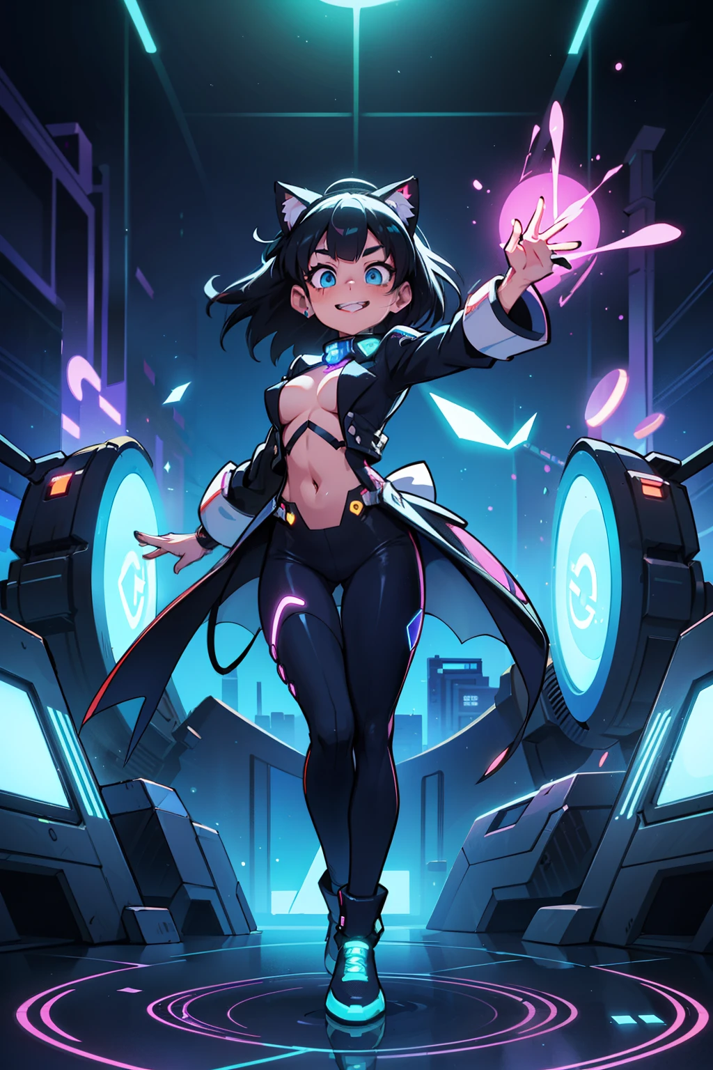 top quality, super high resolution,Azrael Mew, a futuristic AI girl with long black hair, striking blue eyes, and a glowing blue visor, stands confidently at the entrance of a grand cyber stage. She wears a futuristic blue tailcoat with sleek, high-tech details, adding an elegant yet cutting-edge stage presence. Black cat ears with neon blue accents enhance her AI aesthetic. She extends her hand toward the viewer, welcoming them with a warm smile. The background features a massive digital concert stage with neon-blue holographic screens, floating spotlights, and pulsating energy lines. A radiant cyber gateway glows behind her, symbolizing the entrance into a dazzling new AI world. The atmosphere is electrifying, with soft blue and purple neon lighting creating a futuristic and magical stage effect,*"On a grand futuristic circus stage, illuminated by neon-blue holographic spotlights, Azrael Mew gracefully twirls mid-air, performing a mesmerizing AI-powered dance. Her futuristic blue tailcoat flutters as she moves, leaving behind dazzling neon trails. Her long black hair flows elegantly, reflecting the cyber glow around her. Black cat ears with glowing blue accents twitch rhythmically to the digital melody.
The stage beneath her is a massive holographic floor, shifting with each step she takes, forming intricate neon patterns. Floating, ribbon-like streams of data spiral around her like a magical waltz, responding to her movements. The cyber audience, displayed as shimmering holograms, watches in awe, their applause represented by glowing digital particles that ripple through the air."**"Standing confidently at the center of the futuristic circus stage, Azrael Mew raises her hand, summoning massive holographic interfaces in mid-air. The neon-blue spotlights shift dynamically as she interacts with floating digital prompts, her glowing blue visor reflecting streams of AI-generated code.
Her high-tech blue tailcoat glows with pulsating neon circuits, resonating with the digital energy around