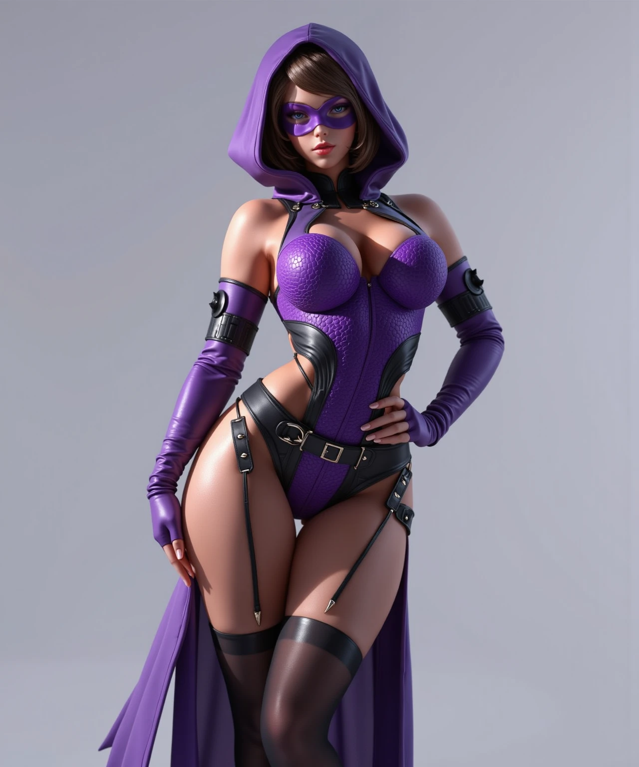kateb2023, sci-fi lair, 1girl, 8k, uhd, best quality, trending on arstation, full body, photorealistic, masterpiece, raw image, skin pores, detailed skin, 5 fingers, cowboy shot, black hair, purple lingerie, sexy
