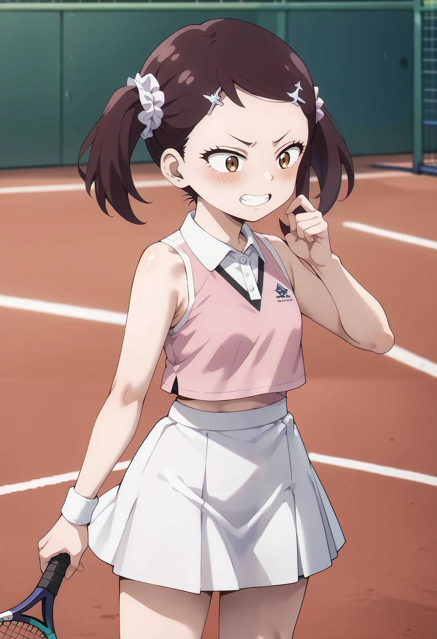Score _9, Score _8_climb, Score _7_climb, Source_Anime, 1 girl, smileorgasm ,climbper teeth only, Raised Skirt , back view , stance, Viewers, (( Self Buttock :1.5)), , Buttock details,Indoor, Bedroom, Blurred scene, alone,(tennis uniform, sportswear , tennis, tennis court, two-tone skirt , tennis net, two-tone shirt , tennis skirt, เดรสtennis, overhang crop top, ),1 girl, Becky blackbell, ผมดำ, hair accessories , Twintail, Hair clip , Scranchy , hair Scranchy , brown eyes,