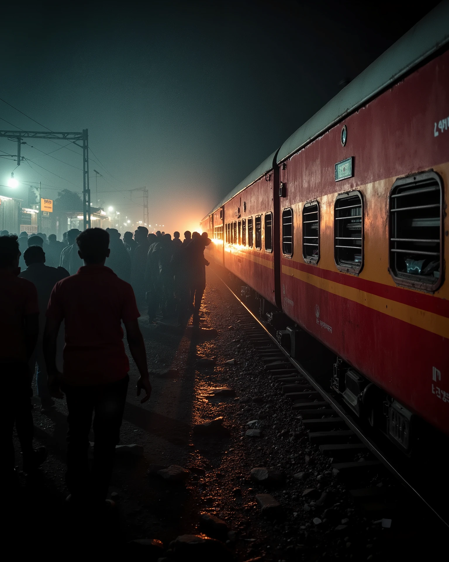 In Bihar at night , crowd are damaging red indian express train in Bihar railway station, young man's are damaged glass of AC class on station, very agressive crowd, thousand of indian hindu people on station damaging train, breaking glass of express indian train, lighting cinematic effect, seen of station crowd 