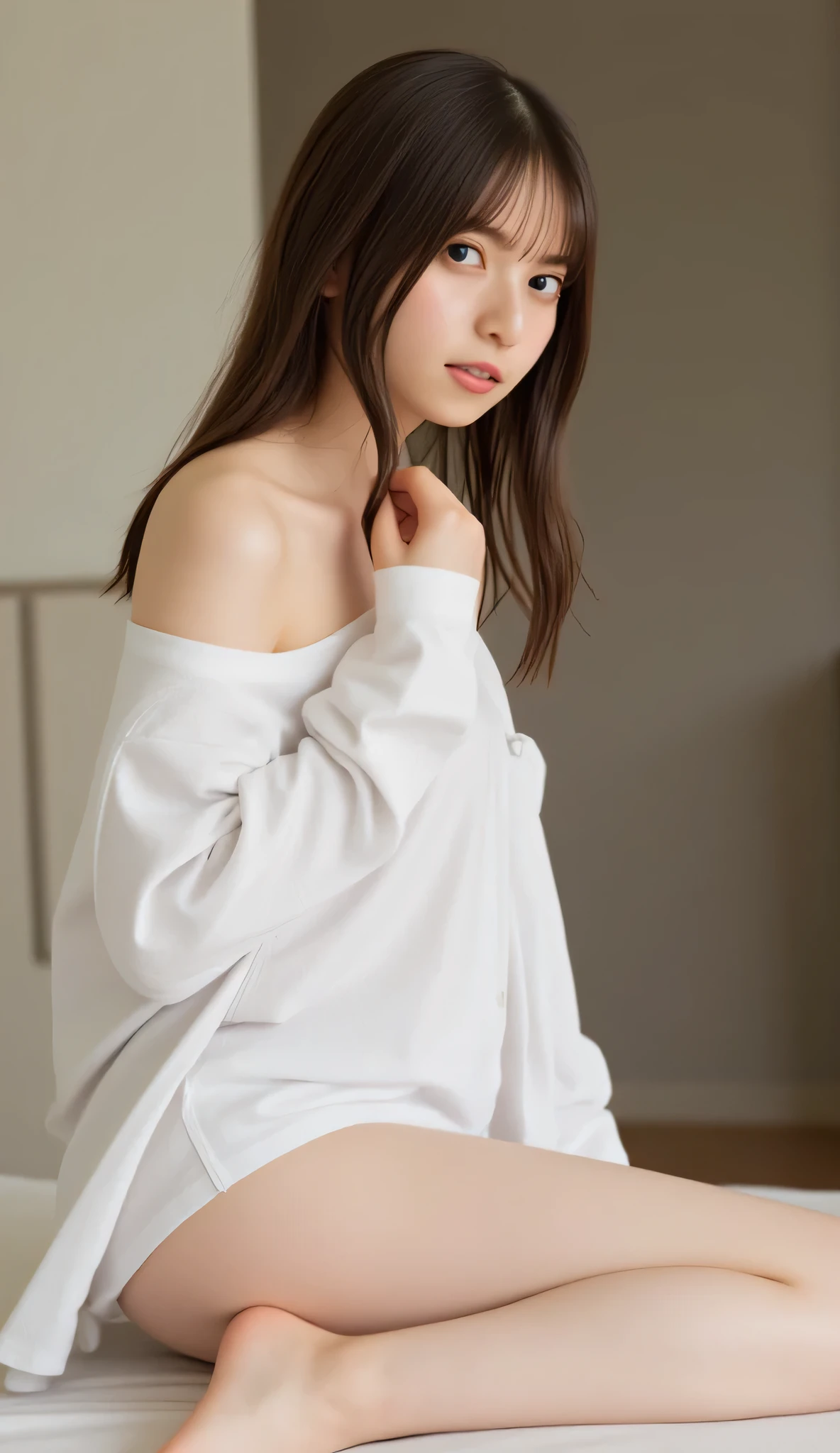 ((( low angle shot 、 biologically accurate images、 staring at the camera :1.22, lean forward , loose open shirt 、 underwear))), Japanese Woman 1, hotel room、 Indirect Lighting、 nudes, completely naked,