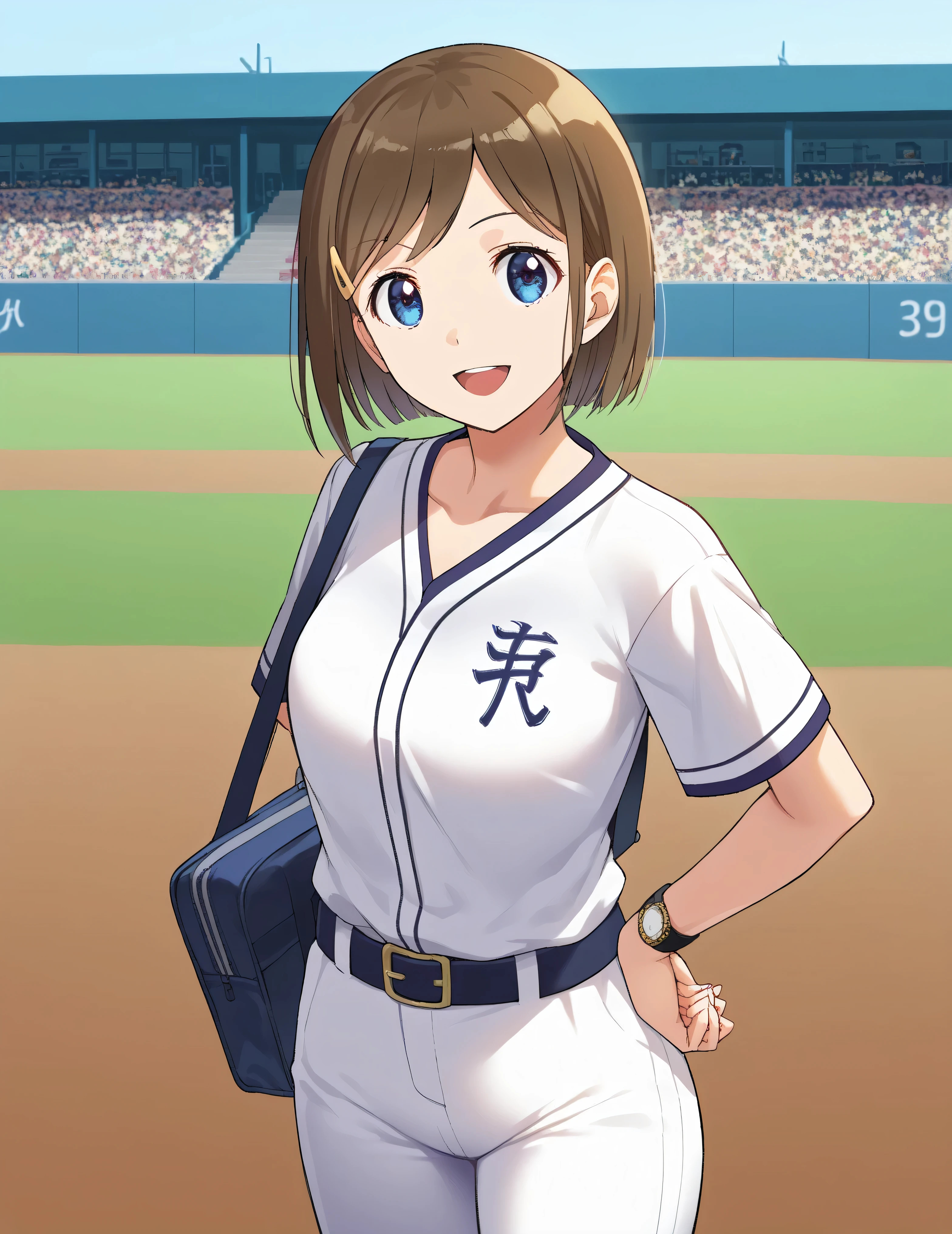  score_9,  score_8_ up,  score_7_ up,  score_6_ up,  score_5_ up,  score_4_ up,  source_Anime,( top quality:1.1), ultra detailed, Hi-Res,Highly detailed skin, beautiful detailed eyes,8k, sharp concentration, beautiful, beautiful eyes,  anatomically correct ,  anatomically correct  face, extremely detailed eyes , smooth edge , beautiful face, symmetrical eyes, left and right name color, aa Izumi ,  brown hair,   short hair, stupid hair,  hair ornament,  hair clip,  blue eyes, , ( beautiful, 小さな:1.2),  baseball uniform,  sportswear, belt,   white pants, smile,  open your mouth,  is standing, cowboy shot,  outdoor,  watch viewers,  arms on both sides,
