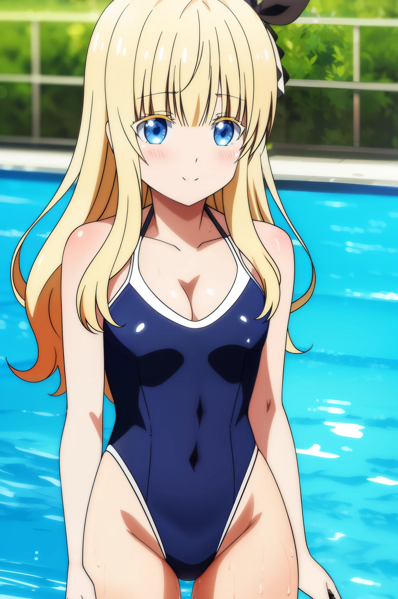 1girll,Masterpiece,illustration,(Best quality:1.4),Beautiful detailed eyes ,Very long hair,crossed bangs,Blonde hair,Shiny hair ,aquamarine Eyes ,Smile ,(Large breasts:0.7) ,high-leg swimsuit,compete swimsuit,Moist,Sweat ,Swimming ,From the front side ,In the pool,Night,Starry sky,Neon light