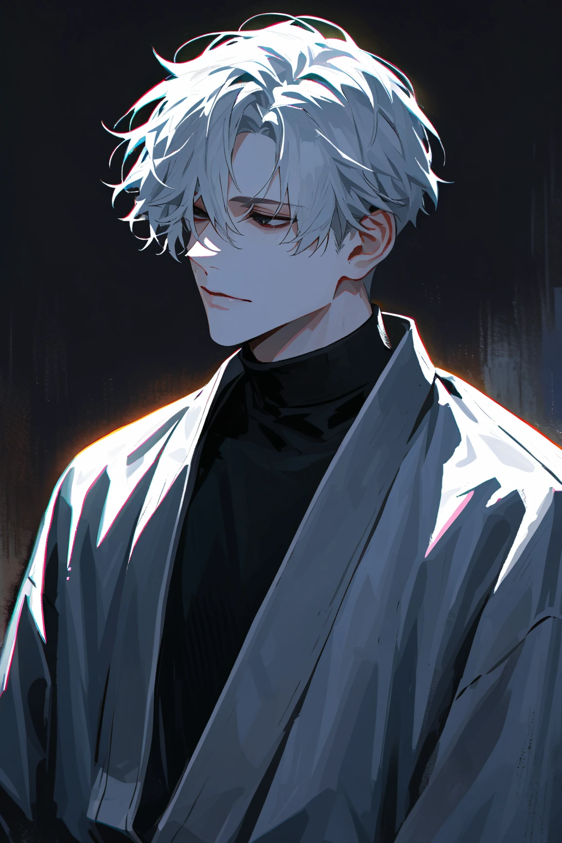 impasto, short hair, masterpiece, best quality, 1 man , white hair , perfect face , black eye , handsome male , Alone, pale skin , adult male , upper body , delicate line drawing,Extremely detailed , a faint smile, black turtleneck