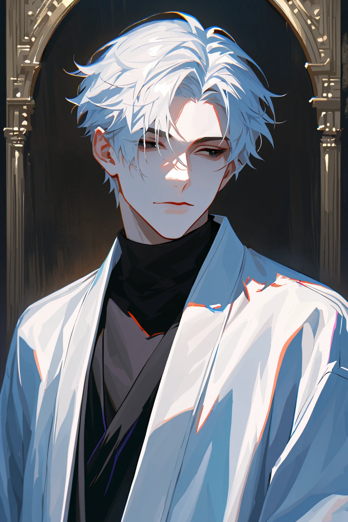 impasto, short hair, masterpiece, best quality, 1 man , white hair , perfect face , black eye , handsome male , Alone, pale skin , adult male , upper body , delicate line drawing,Extremely detailed , a faint smile, black turtleneck