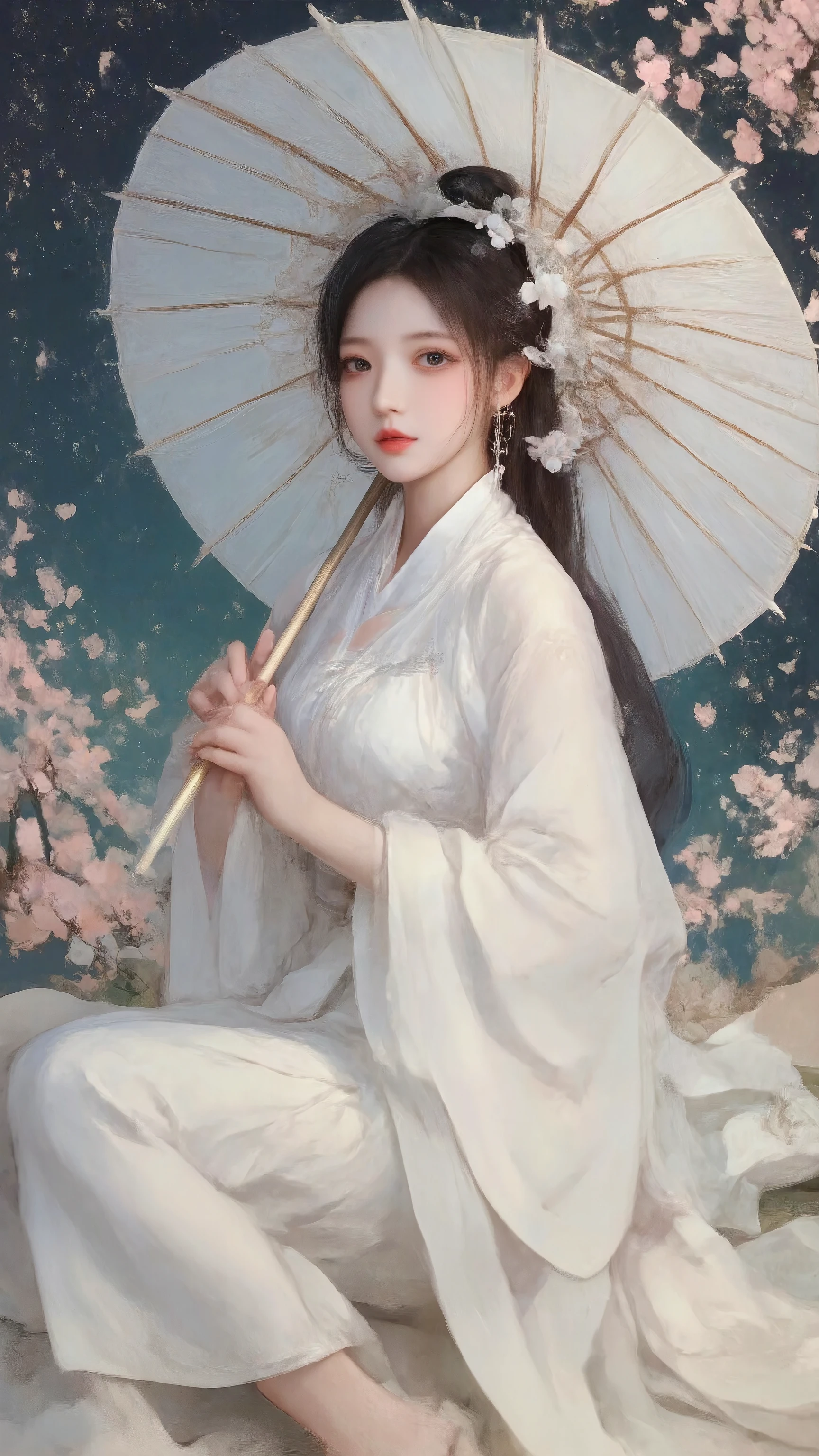  masterpiece， top quality combat bed， Super Fine :1.5， High Resolution， sharp focus:1.5，Realism， cinematic lighting，超Realism， atmosphere under the stars， bright color ， and face the camera，Intricate details，Sharp features ， height detail，Perfect face， Perfectly symmetrical eyes ， plump lips ， Flexible female form ， dynamic studio lighting ，Paradise，A sky full of peach blossoms ， white ancient Hanfu:1.5，Bright and clean， black eyes ， white dress，shoe， first-person perspective， full body photo，Balanced Composition ， Anatomy Correct， natural curves ，Slim waist，Full buttocks， Smooth skin texture ， Detailed Fabric Texture， Detailed Hair Texture ， soft light and shadow， bokeh to highlight characters，Holding a large ancient oiled paper umbrella， standing