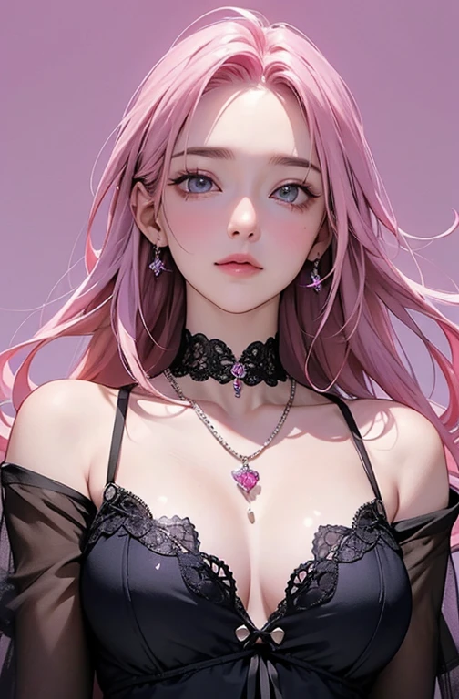 (masterpiece, best quality), intricate details, thin, ((slim)), beautiful girl, Light pink hair, light purple eyes, sharp jawline, messy hair, lips, upper body, smirk