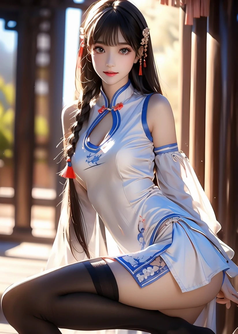 Beautiful female martial artist、brown hair style,high ponytail、((whole body))、(((Photo taken from below)))、circular dojo,Blue sky,8k,ultra high resolution,ultra high definition,masterpiece,high ponytail,huge breasts,Anatomically correct,perfect face,supermodel,Delicate skin,