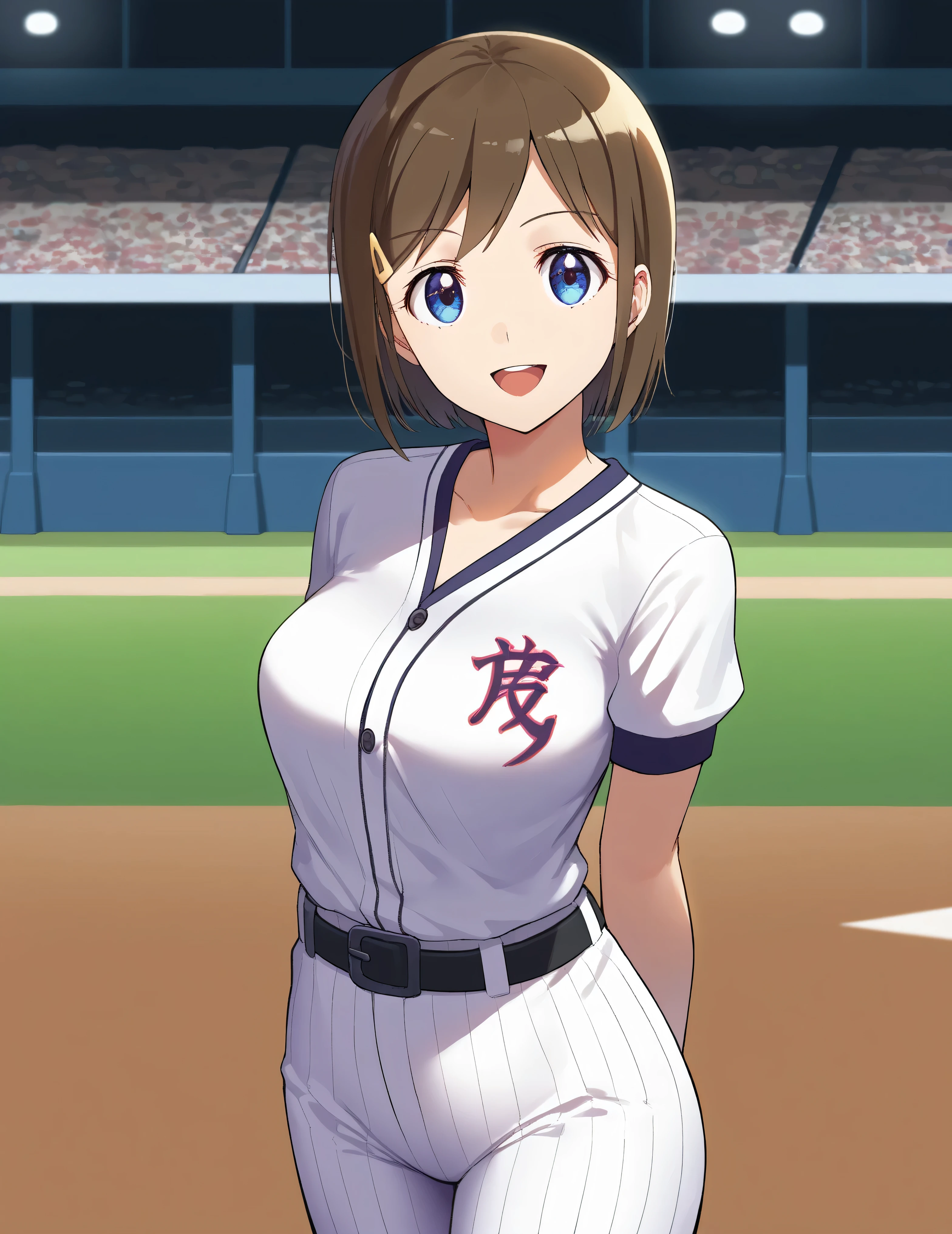  score_9,  score_8_ up,  score_7_ up,  score_6_ up,  score_5_ up,  score_4_ up,  source_Anime,( top quality:1.1), ultra detailed, Hi-Res,Highly detailed skin, beautiful detailed eyes,8k, sharp concentration, beautiful, beautiful eyes,  anatomically correct ,  anatomically correct  face, extremely detailed eyes , smooth edge , beautiful face, symmetrical eyes, left and right name color, aa Izumi ,  brown hair,   short hair, stupid hair,  hair ornament,  hair clip,  blue eyes, , ( beautiful, 小さな:1.2),  baseball uniform,  sportswear, belt,   white pants, smile,  open your mouth,  is standing, cowboy shot,  outdoor,  watch viewers,  arms on both sides,