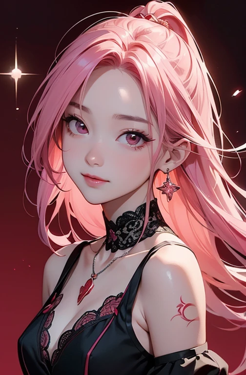 best quality, hot pink artwork, white line art, beautiful japanese girl self portrait, light up, white hair, big detailed eyes, ulzzang, ((huge breasts)), cleavage, arms behind back,
