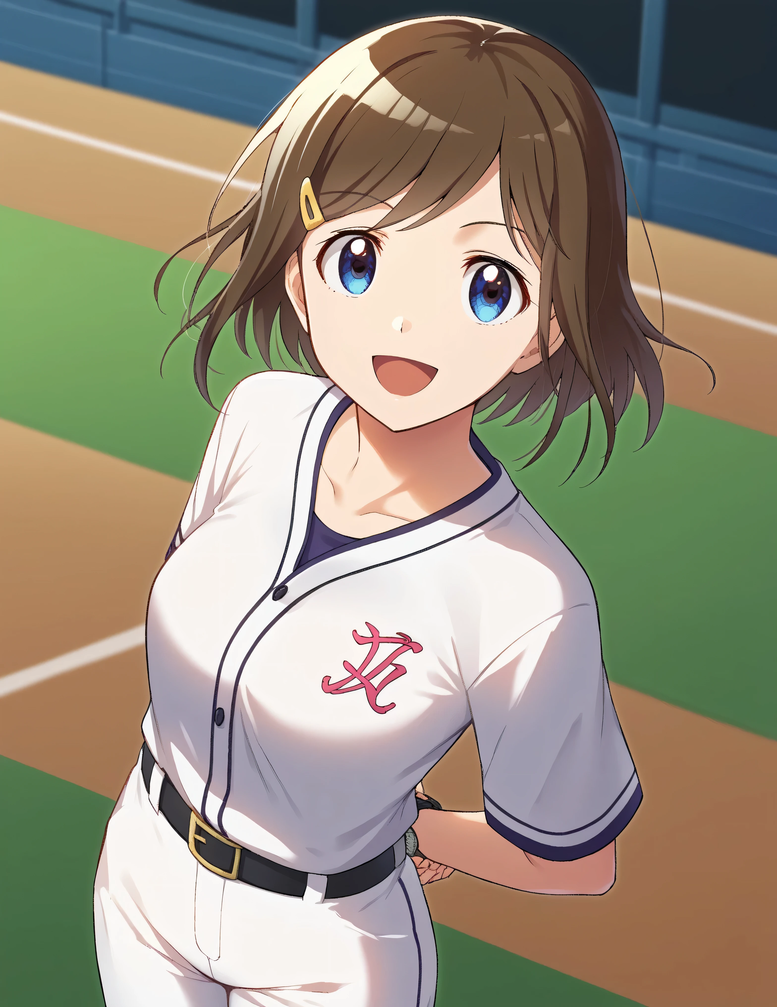  score_9,  score_8_ up,  score_7_ up,  score_6_ up,  score_5_ up,  score_4_ up,  source_Anime,( top quality:1.1), ultra detailed, Hi-Res,Highly detailed skin, beautiful detailed eyes,8k, sharp concentration, beautiful, beautiful eyes,  anatomically correct ,  anatomically correct  face, extremely detailed eyes , smooth edge , beautiful face, symmetrical eyes, left and right name color, aa Izumi ,  brown hair,   short hair, stupid hair,  hair ornament,  hair clip,  blue eyes, , ( beautiful, 小さな:1.2),  baseball uniform,  sportswear, belt,   white pants, smile,  open your mouth,  is standing, cowboy shot,  outdoor,  watch viewers,  arms on both sides,