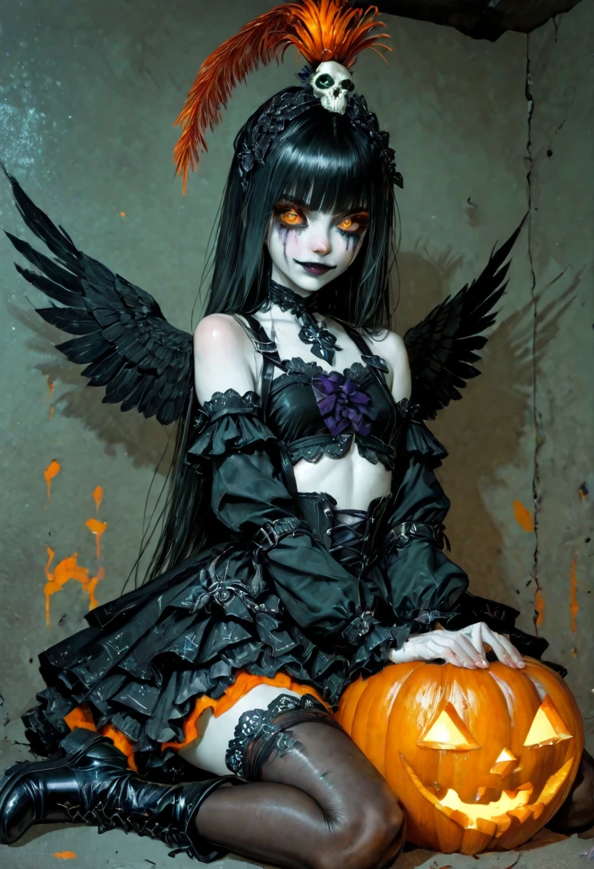 A young asthenic girl in a Gothic-style Halloween costume.Full-length image. Short black hair, cut exactly at chin level. Straight bangs. On top of the head is a small accessory in the form of a skull, decorated with a plume of dark ribbons. Pale skin and striking orange transparent eyes. eyes, Creepy clown makeup to accentuate his creepy appearance. Dark cropped top with straps, decorated with a pattern of small bones. Multi-layered puffy mini skirt with high waist; Dark stockings with an asymmetrical pattern; Instead of sleeves, there are huge voluminous armbands with frills covering the hands. Behind the shoulders are small wings made of crow feathers. A glowing carved pumpkin lantern with a sinister grin in his right hand. The thin curved legs are crossed. Rough boots with thick soles. The textured background resembles a rough old concrete wall with peeling paint with barely noticeable dabs of orange paint. The overall color palette is dark, with shades of black, gray, and olive green, interspersed with bright orange pumpkins and some clothing details. The light is dramatic, the style is illustration and digital painting, with elements of Gothic and surrealism. High detail, clarity of textures and elements.A combination of fantasy and street style. JinxA
