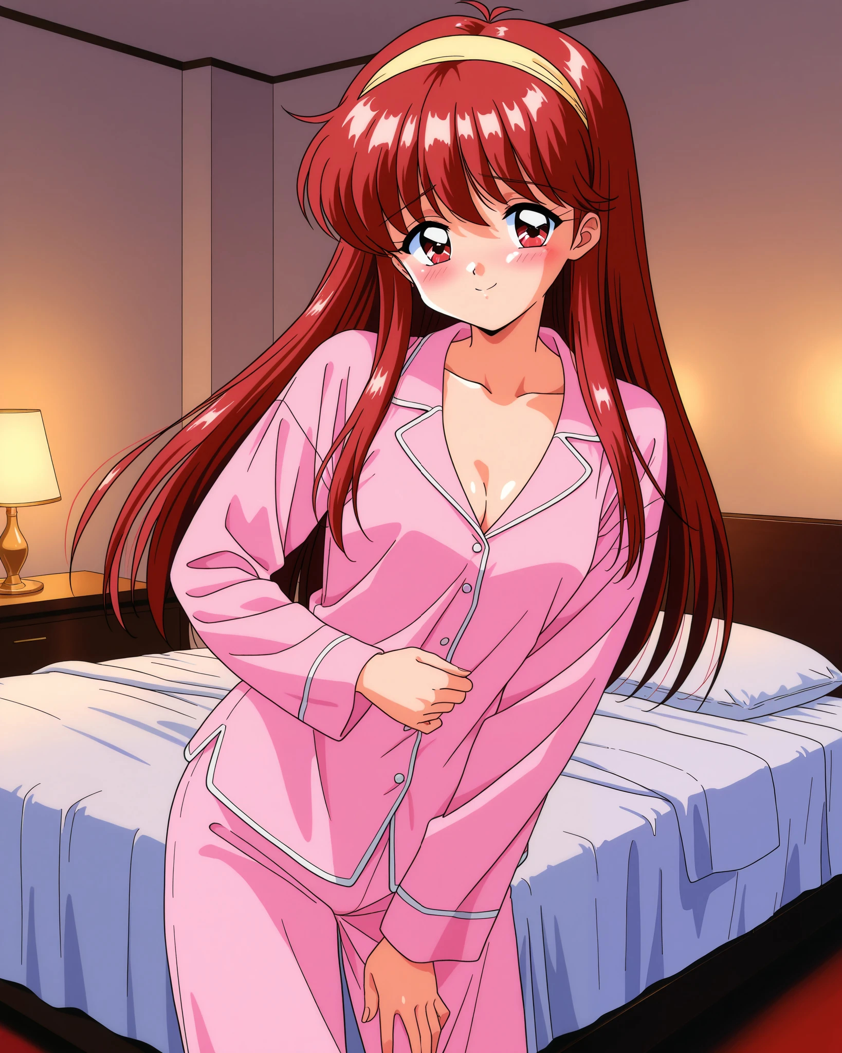 one girl, Alone, (cowboy shot), general , highres, ultra-detailed,very aesthetic,best quality ,best hands, fujisaki _motto, (cowboy shot), long hair, hairband , red hair, red eyes, small breasts, bags, 1990s \(style\), Tiny Breasts , cleavage, (blush), (shy:1.1), (smile), (sexy pajamas), ( sexy pose:1.2), (bedroom:1.2), ( hotel:1.2), kokura masashi style
