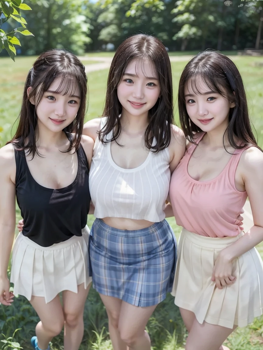 Highest quality、masterpiece、8K、Very detailed、Realistic、(Young face:1.2)、(Looks like an elementary school kid:1.2)、3 people、Looking at me with a smile、whole body、(Big Breasts)、Thin and beautiful legs、Tight and slim waist、Lace, see-through, tight sleeveless shirt、(See-through lace micro skirt)、Short Hair、(Erect nipples)