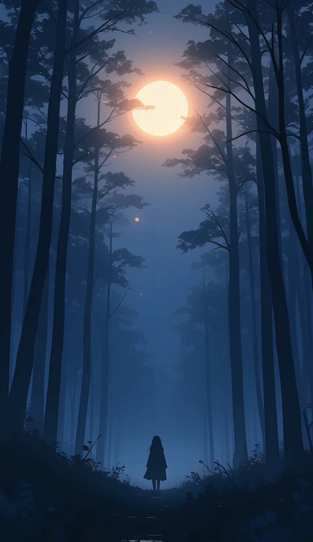   trending on artstation , A minimalist anime-style forest at midnight, with silhouettes of tall trees and a bright, radiant moon casting soft light through the mist. Aesthetic and mysterious.