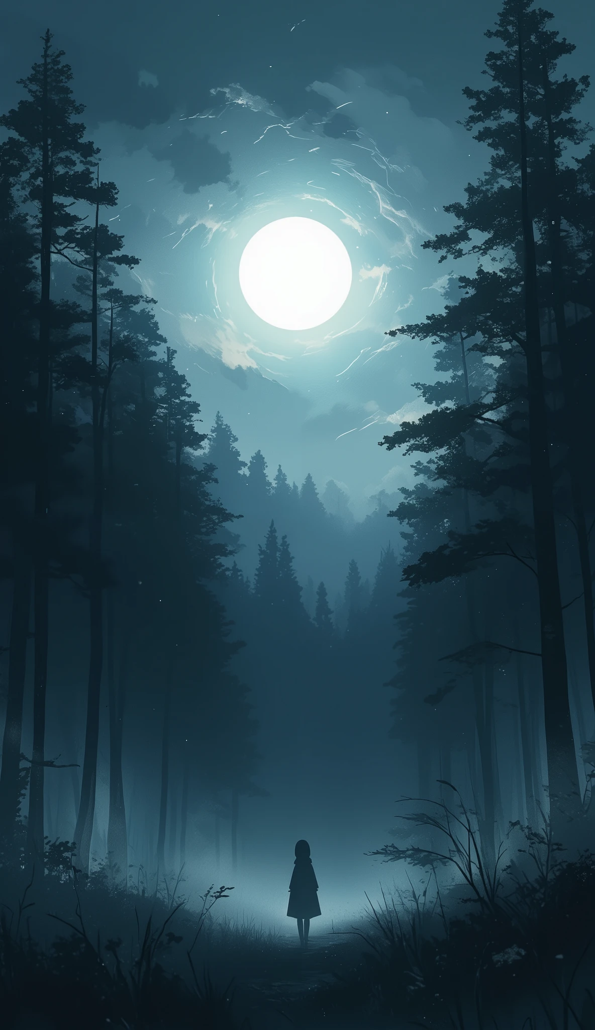 a melancholic anime scene, trending on artstation , A minimalist anime-style forest at midnight, with silhouettes of tall trees and a bright, radiant moon casting soft light through the mist. Aesthetic and mysterious.