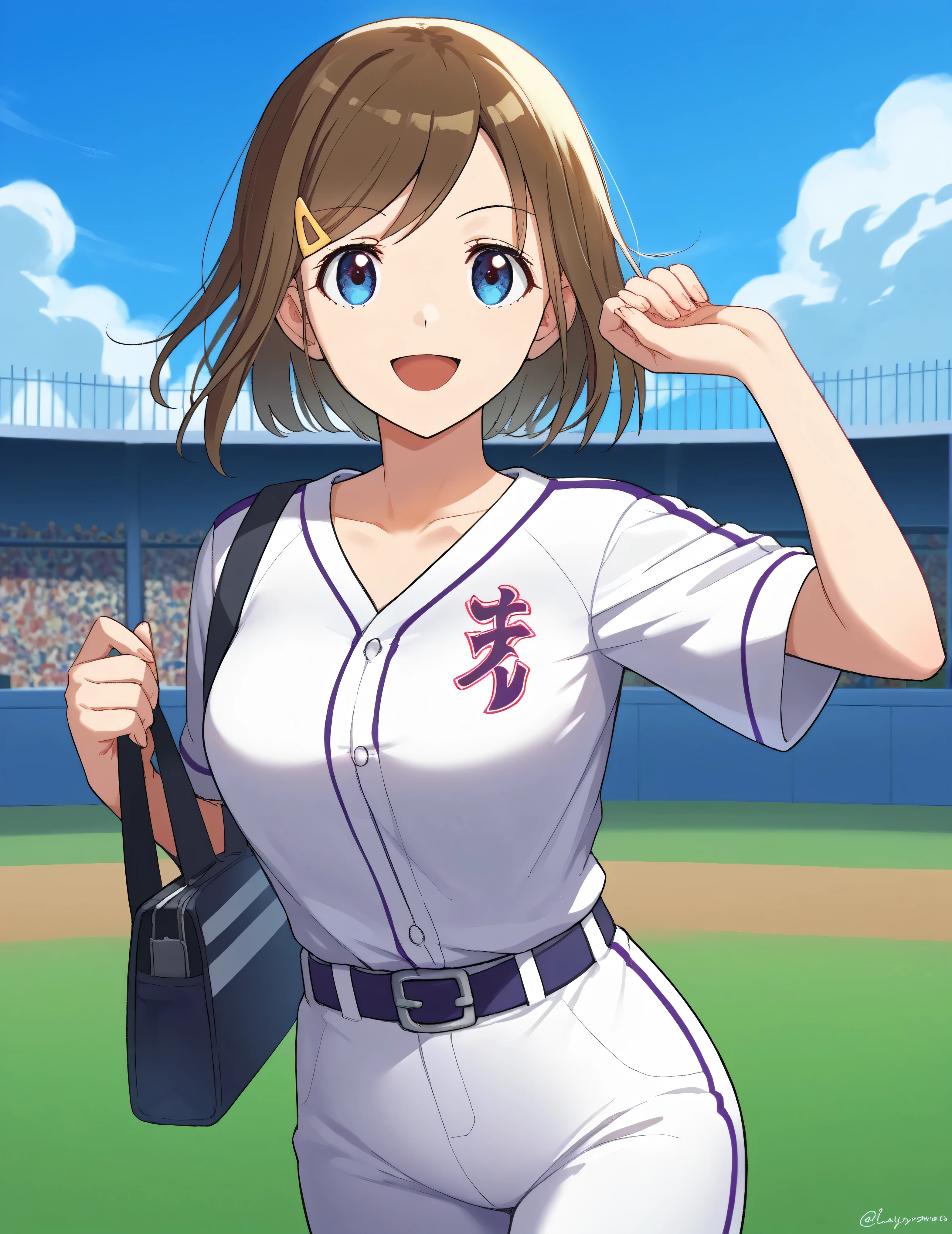  score_9,  score_8_ up,  score_7_ up,  score_6_ up,  score_5_ up,  score_4_ up,  source_Anime,( top quality:1.1), ultra detailed, Hi-Res,Highly detailed skin, beautiful detailed eyes,8k, sharp concentration, beautiful, beautiful eyes,  anatomically correct ,  anatomically correct  face, extremely detailed eyes , smooth edge , beautiful face, symmetrical eyes, left and right name color, aa Izumi ,  brown hair,   short hair, stupid hair,  hair ornament,  hair clip,  blue eyes, , ( beautiful, 小さな:1.2),  baseball uniform,  sportswear, belt,   white pants, smile,  open your mouth,  is standing, cowboy shot,  outdoor,  watch viewers,  arms on both sides,