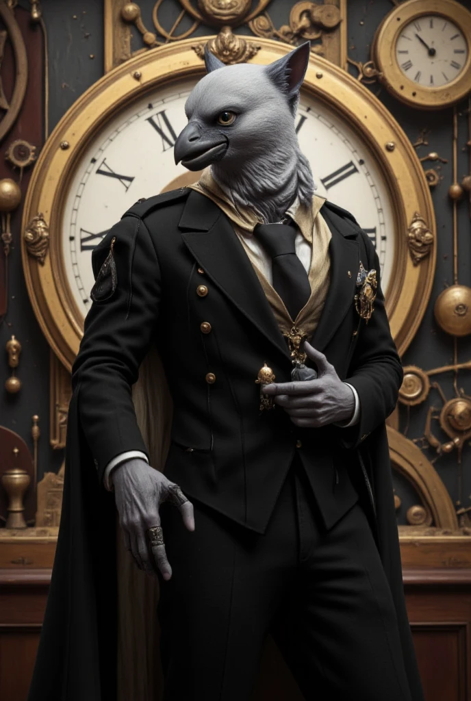 A sophisticated Pet , possibly a raven or cat , adorned in a formal attire. The pet has a sharp beak, a prominent gray eye, and is dressed in a black suit with a white shirt and a gold tie. It also sports a pocket watch on its left chest. The background is intricate, featuring a large clock with Roman numerals, gears, and other mechanical components, suggesting a steampunk theme. The pet  stands confidently, with its right hand extended, while its left hand holds a small object that looks like a mechanical hand or claw.