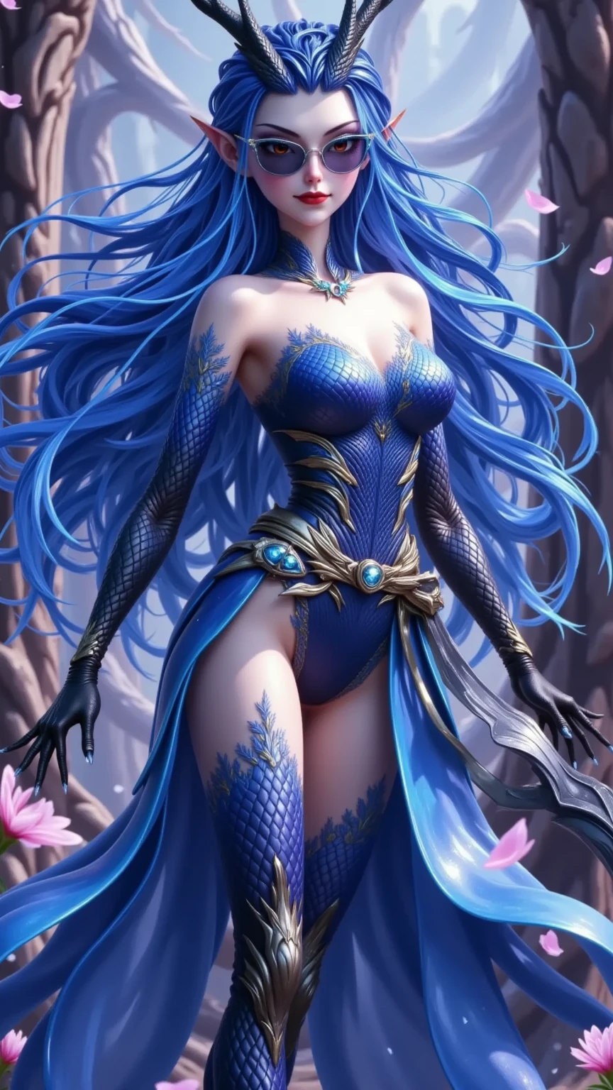A hero with a thin body, nature armor and a wave weapon with blue hair