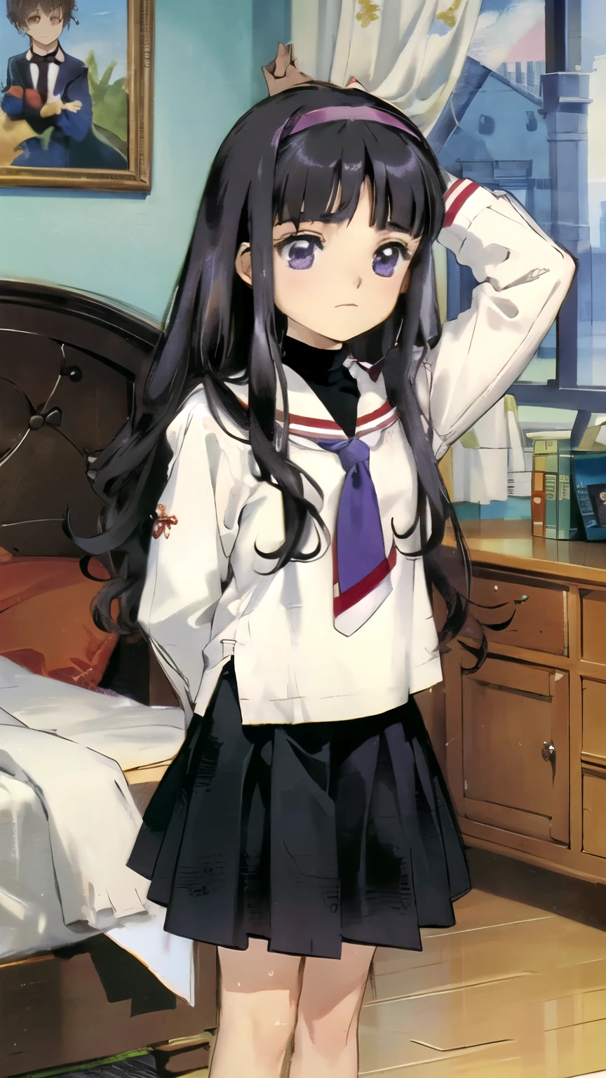 (masterpiece,best quality)), {CLAMP_artstyle_lora } {horror_edit : } {} { (1girl, daidouji tomoyo, black hair, long hair, blunt bangs, hairband, long hair, purple eyes : perfectly_small_shape_breast :  : } { school_uniform } { arms_behind_head: } {standing_still} { { no_emotion : hypnosis : stoic_expression }} { sweating } { } : dark bedroom : }
