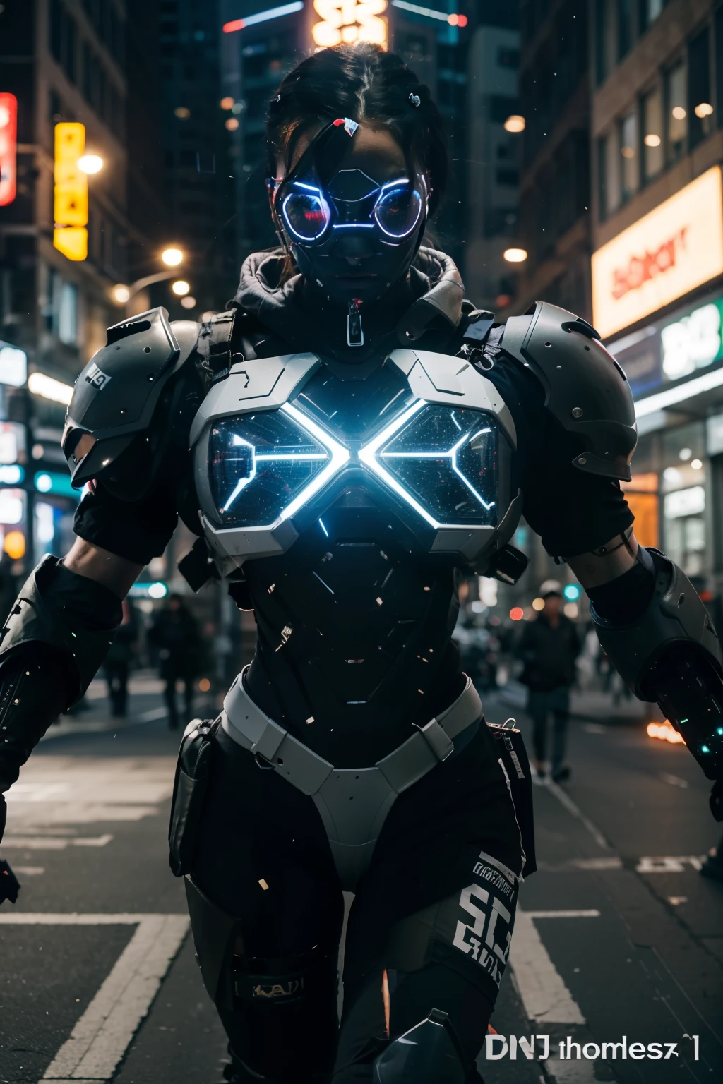Original, masterpiece, top quality, cyborg woman in a red circle illuminates cyber helmet with black colored ears, black jacket, sunny day, on the street