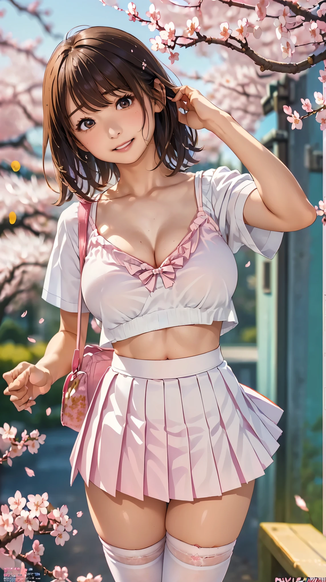 one woman, alone, middle aged, きれいなmiddle agedの女性、I could see the whole body、 ((short hair)), ((brown eyes, beautiful eyelashes, realistic eyes)), ((detailed face, blush:1.2)), ((smooth texture:0.75, realistic texture:0.65, realistic:1.1, Anime CG style)), ((glamorous body)),((big breasts)), dynamic angle, perfect body, ((light purple sheer blouse, red skirt))、(Hotel stairs)、that'It's windy、(Very embarrassing panic smile)、I can see her panties sticking out in front of me., Angle seen from the top of the stairs、 (((The wind pulled up my skirt、My pants are completely exposed..、Pink floral panties)))、((masterpiece, highest quality, High resolution, perfect pixel, 8K,))),