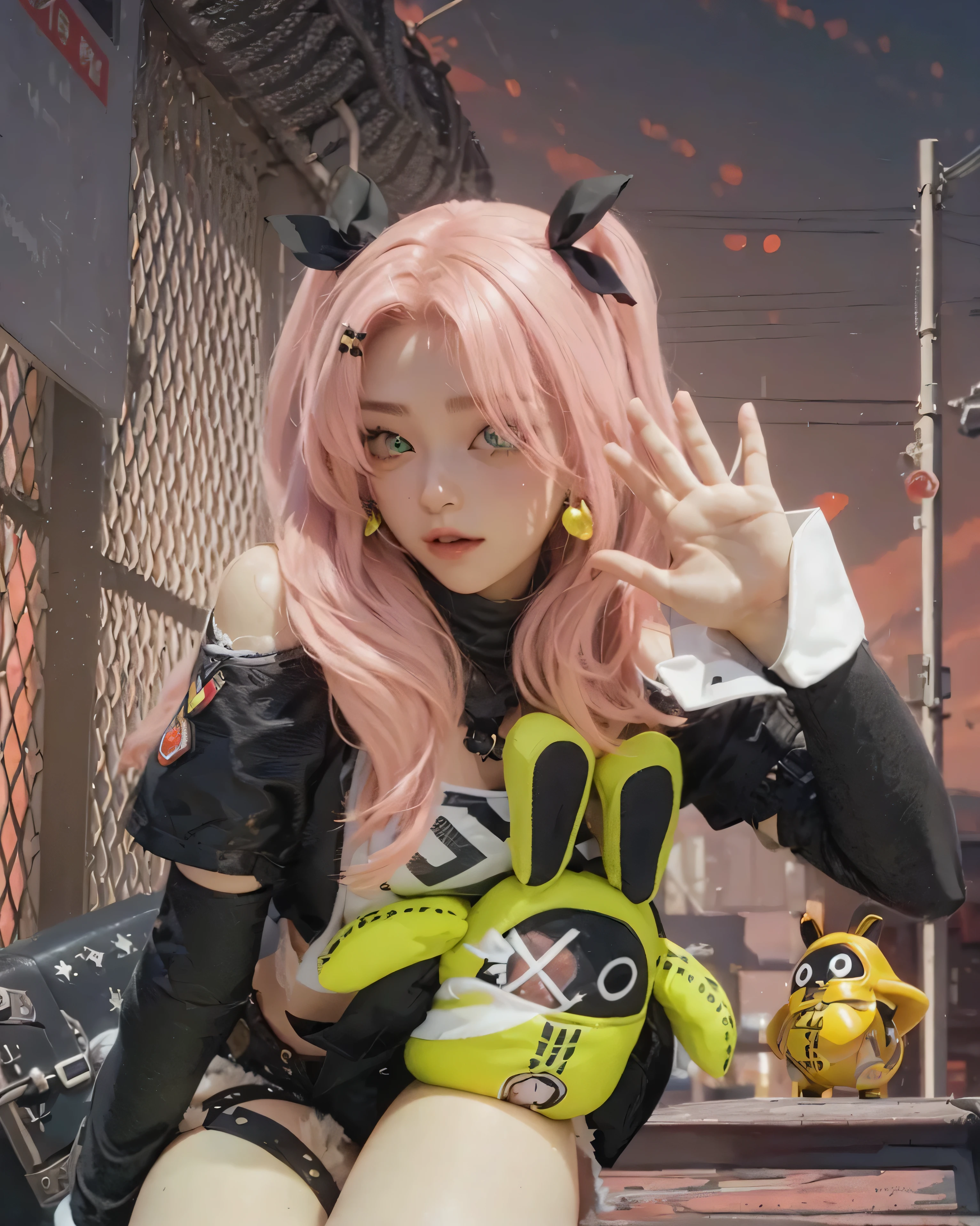 ((NICOLE DEMARA_ZENLESS ZONE ZERO)),((realistic, photorealistic)),(highlight hair)), Light reflection, (( HD )),((upper body)), (((best quality, masterpiece))), (masterpiece) (best quality) (detail) (8k) (HDR) (wallpaper) (cinematic lighting) (sharp focuasterpiece, best quality: 1.1), Real life adaption of this character, realistic outfit, realistic shadow, realistic light, realism, hyper realistic, realistic background,realistic hair,(photorealistic:1.2), (masterpiece: 1.2), (best quality: 1.3), (clear details: 1.3), ((((ultra-detailed)))), ((detailed eyes)), (extremely detailed face:1.4), (highly detailed eyelash:1.6), 1girl, nicole demara, tube top, single thighhigh, thigh strap, short shorts, cropped jacket, two side up, hair ribbon, hairclip, earrings, high belt, detached sleeves, doll, black collar, belt boots, single sock, looking at viewer, smile, open mouth, full body, arms up, jumping, midair, explosion, fire, depth of field mimoza \(96mimo414\), rei \(sanbonzakura\), mochi \(circle rin\), (rhasta, yonchan, watao, minaba hideo:0.95) masterpiece, best quality, amazing quality, very aesthetic, absurdres, newest, (scenery, volumetric lighting),nicoledemara, nicole demara, (green eyes:1.5), pink hair, hair ornament, hair ribbon, hairclip, long hair, mole, mole on breast, mole on thigh, mole under eye, two side up, ribbon, smirk, smile, open mouth, BREAK black footwear, black ribbon, black shorts, black socks, black thighhighs, boots, cleavage, crop top, earrings, jewelry, kneehighs, nail polish, necklace, o-ring, short shorts, shorts, single kneehigh, single sock, single thighhigh, socks, thigh strap, thighhighs, torn clothes,Wire fence background, afternoon, sitting position, golden bangboo, BREAK looking at viewer, (cowboy shot:1.5), BREAK (masterpiece:1.2), best quality, high resolution, unity 8k wallpaper, (illustration:0.8), (beautiful detailed eyes:1.6), extremely detailed face, perfect lighting, extremely detailed CG,Digital art,glow, (perfect hands)