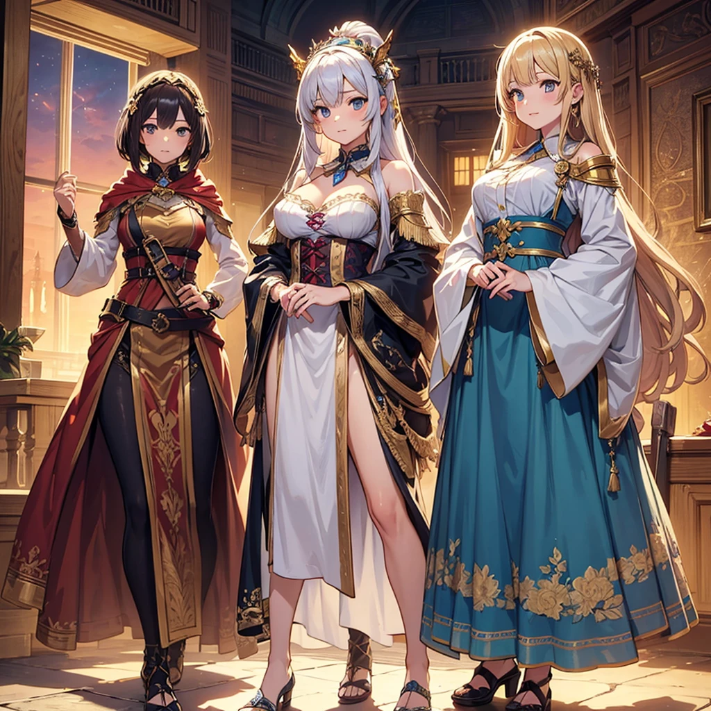 A group of priestess, (in bedroom), various hair styles, harem, night, details face, seducing, ceremonial outfit, multiple girls, exposed shoulders