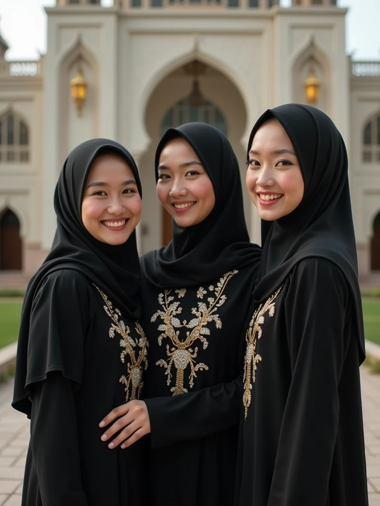Four hijab girls of 18 years, wearing jewelleries, standing near the masjid, they are smiling, write their name Munawara, Rabab, Humaira and Zareen on their hijab