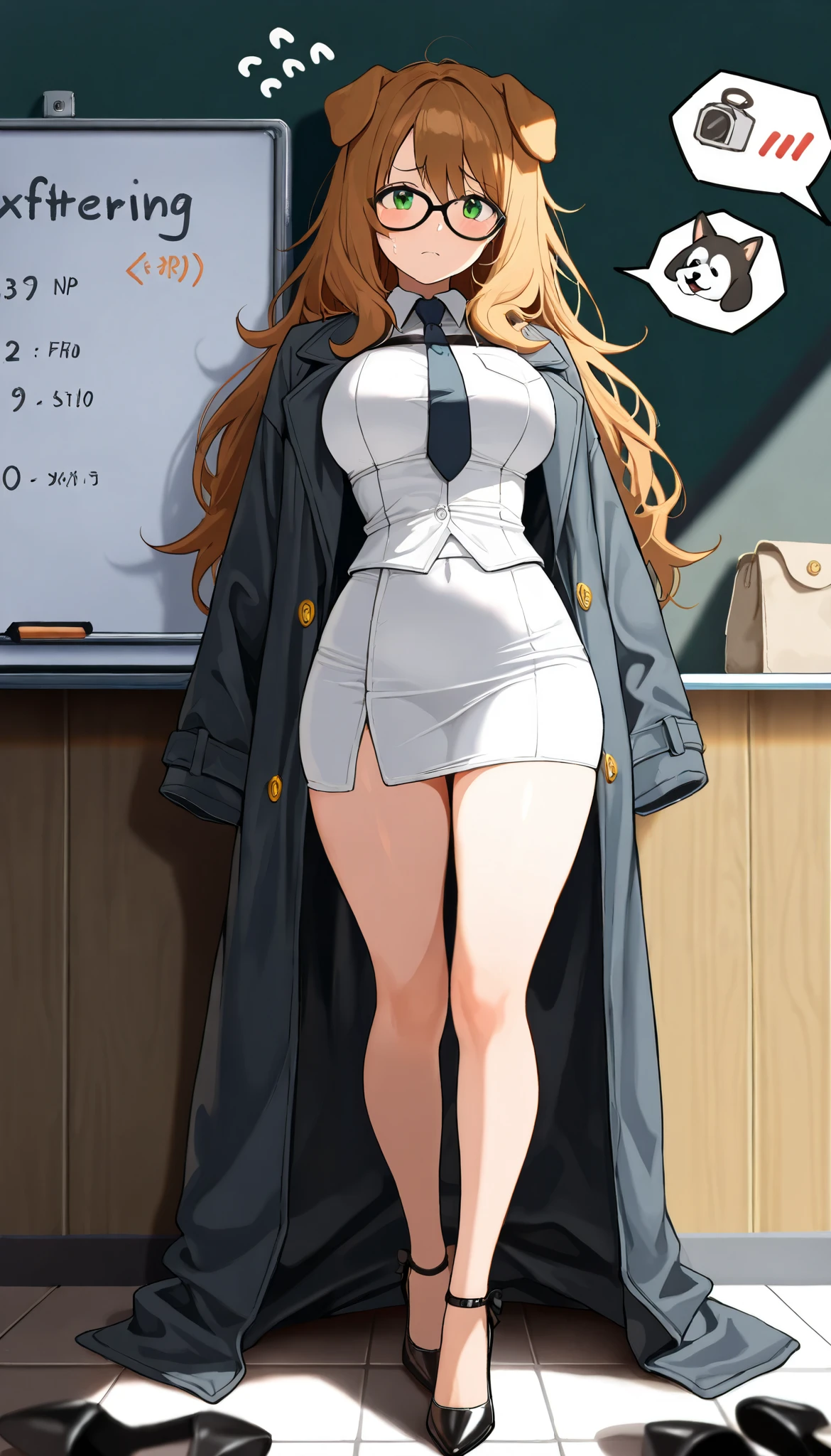 (((( masterpiece)))), (((( top quality)))), high res,fine grain, detailed face, Dog Detectives, sexy dog detective ,Hangover morning meeting 、Disheveled long hair、dog ears lady, 、 full body shot、 Long Coat 、 tight slacks、 black high heels、 black glasses , I write on a whiteboard 、Inference