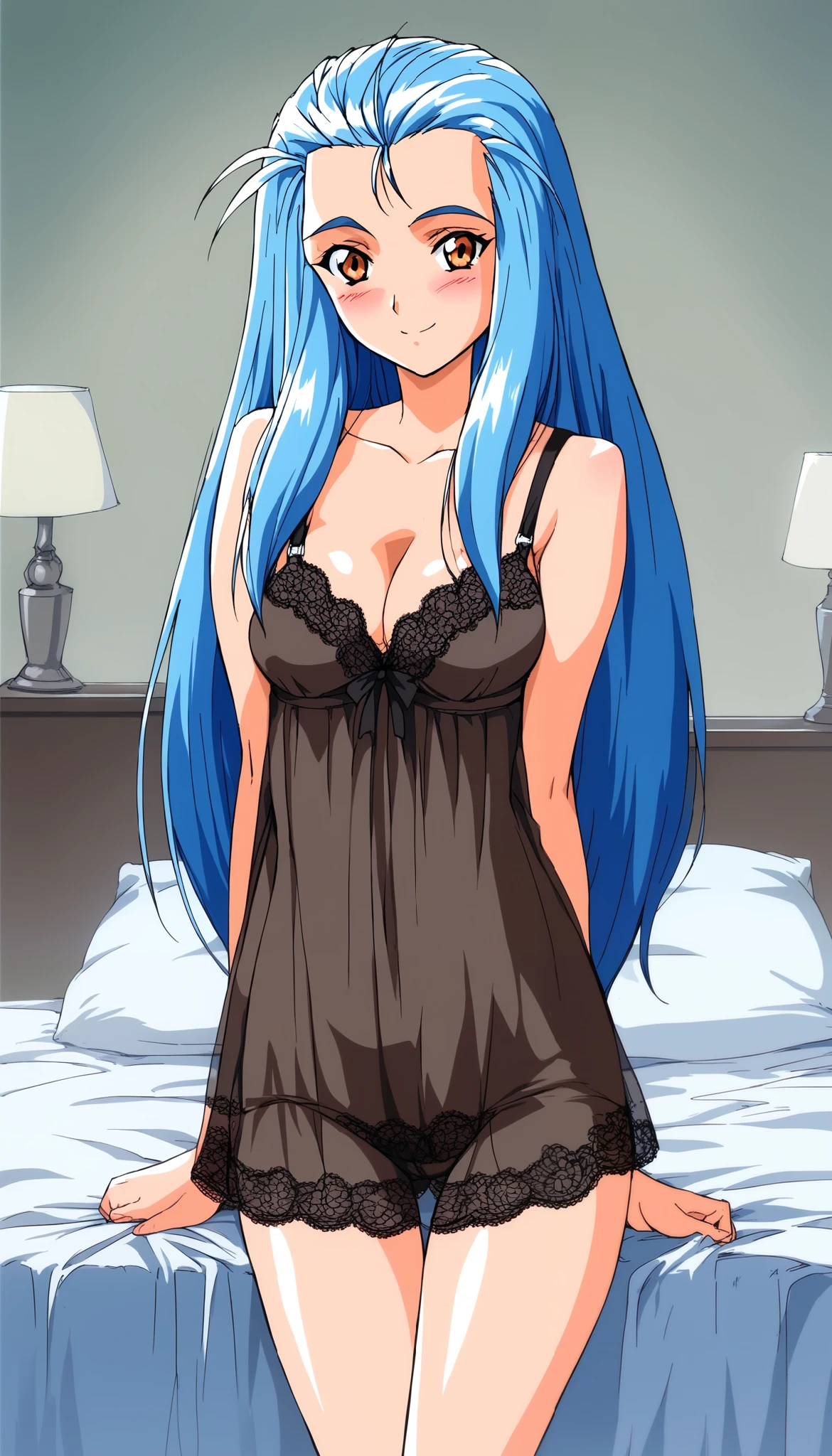 score_9, score_8_up , score_7_up , source_anime, rating_explicit, minazuki_Kotoko, blue hair, long hair, orange eyes, medium breasts, 1girl , Alone, 1990s (style), (cowboy shot), Tiny Breasts , cleavage, (blush), (shy:1.1), (smile), (thin lace sexy nightgown), ( sexy pose:1.2), (bedroom:1.2), ( hotel:1.2)