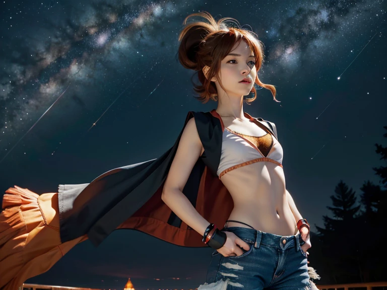 Kei from The Dirty Pair wearing a skimpy white outfit, cleavage, bushy red hair beauty, alien planet, sky, clouds, holding retro space-gun, green headband